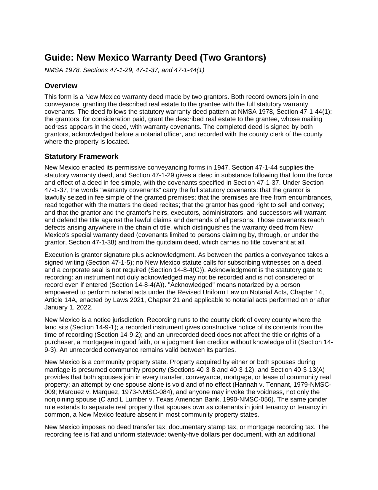 Santa Fe County Warranty Deed (Two Grantors) Guide