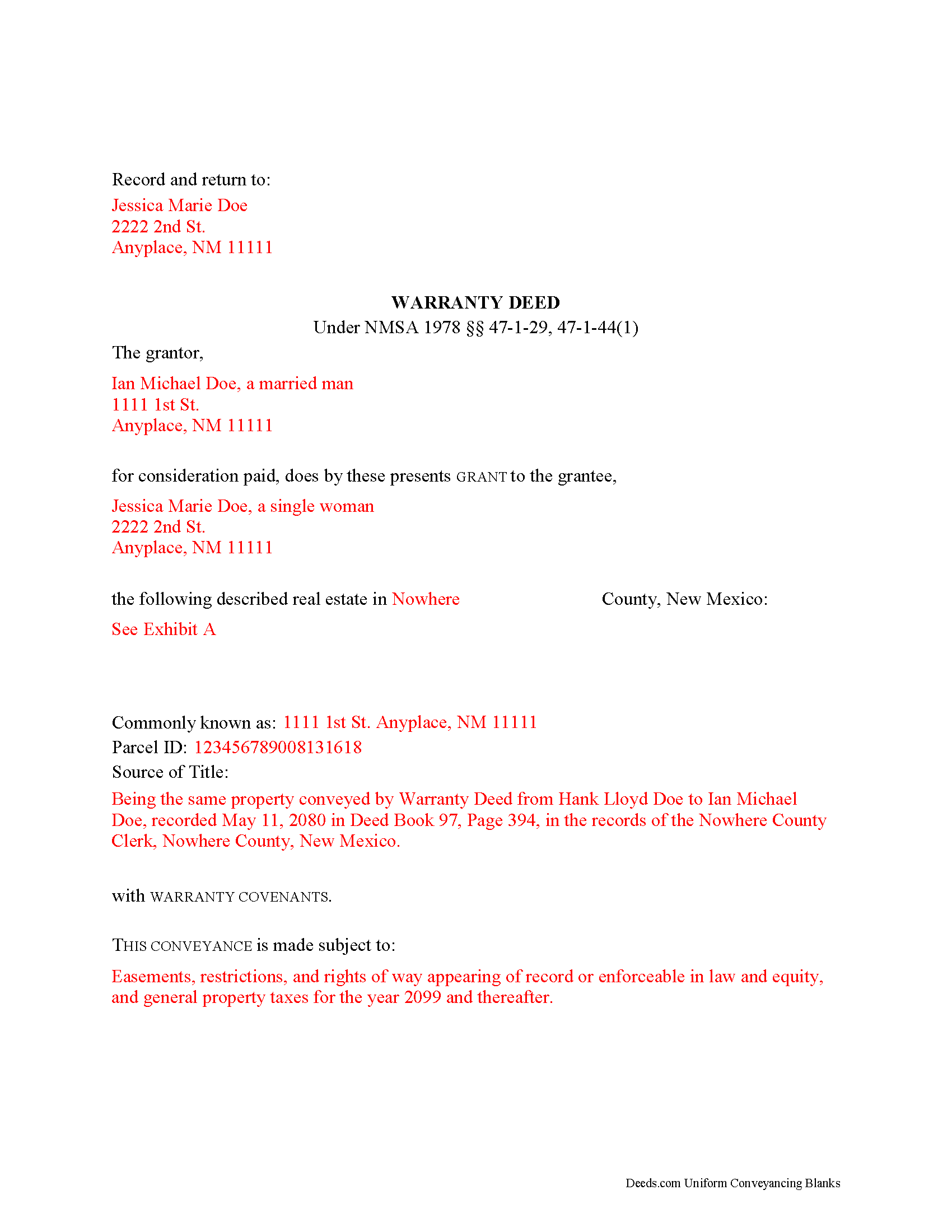 Mckinley County Completed Example of the Warranty Deed Document