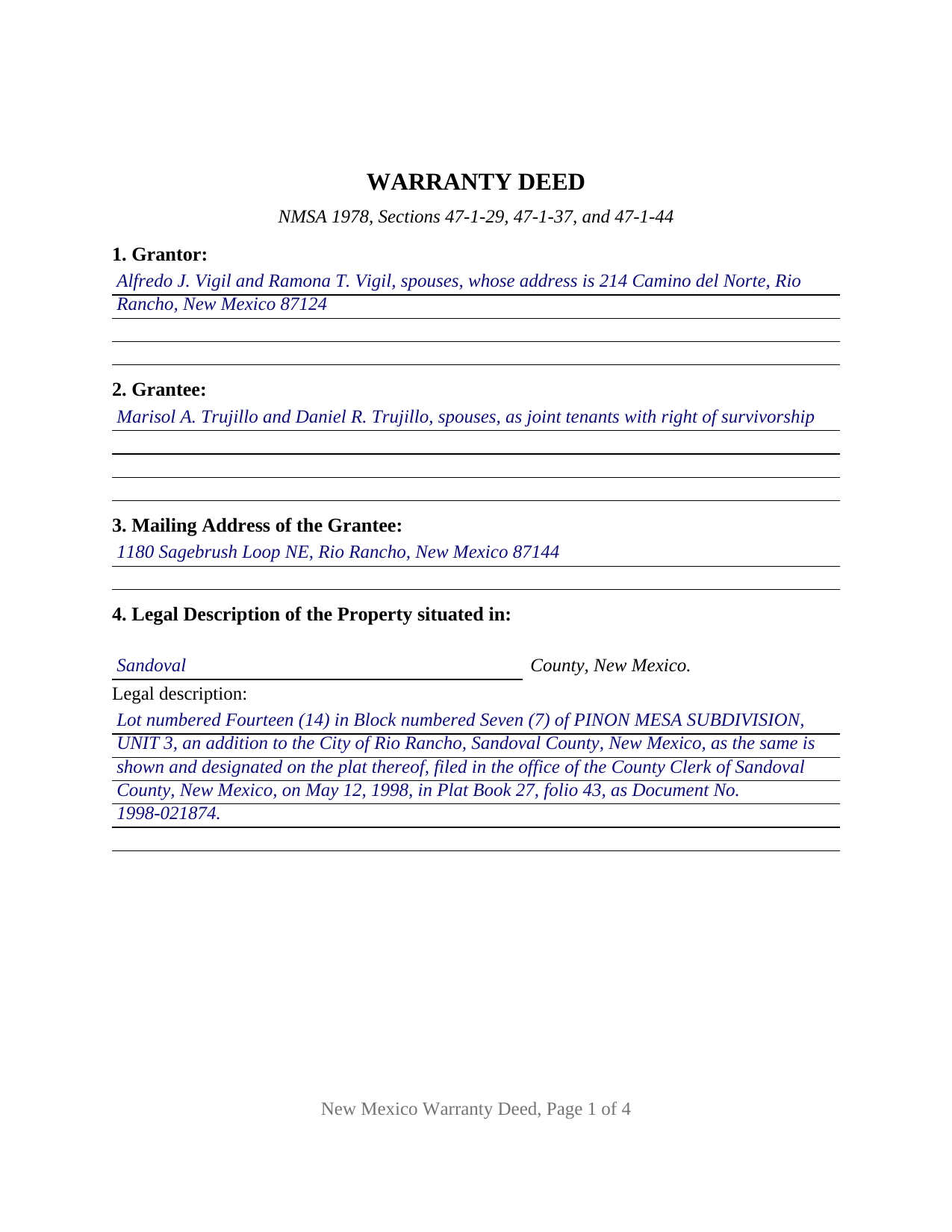 Mckinley County Completed Example of the Warranty Deed Document