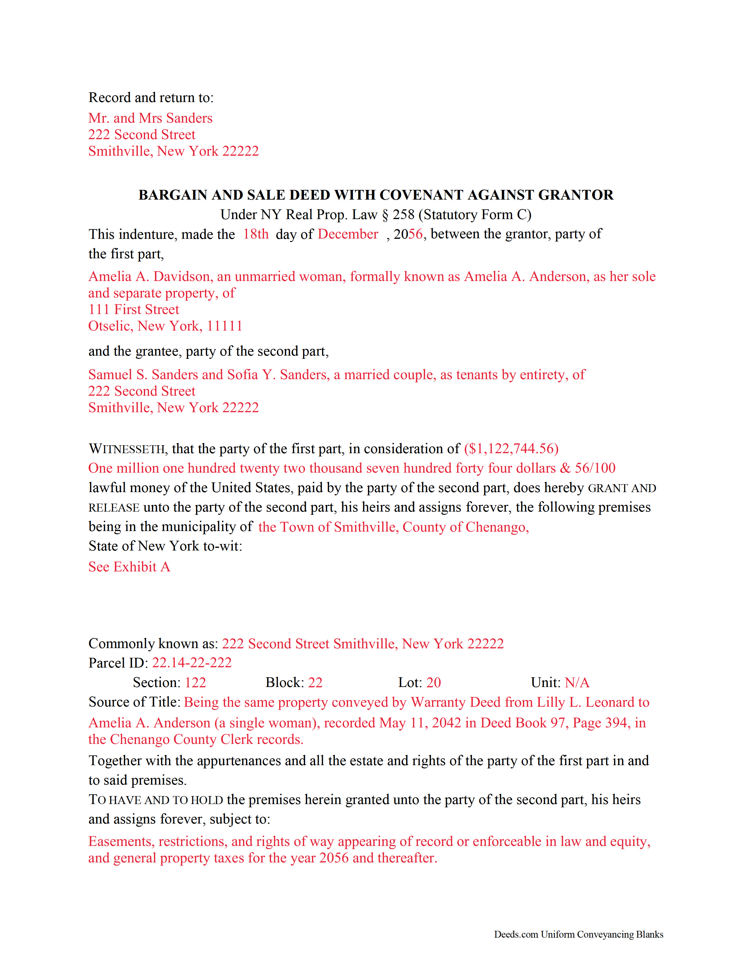 Franklin County Completed Example of the Bargain and Sale Deed with Covenants Document