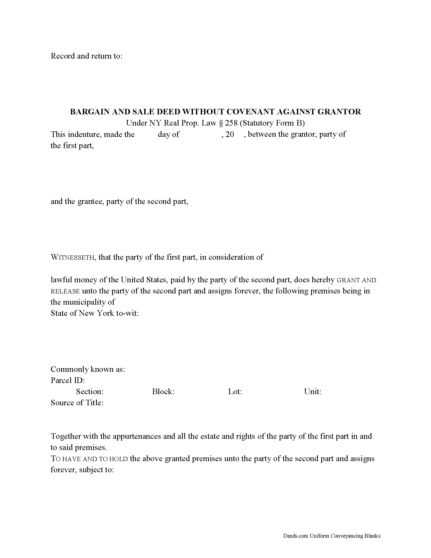 Washington County Bargain and Sale Deed without Covenants Form