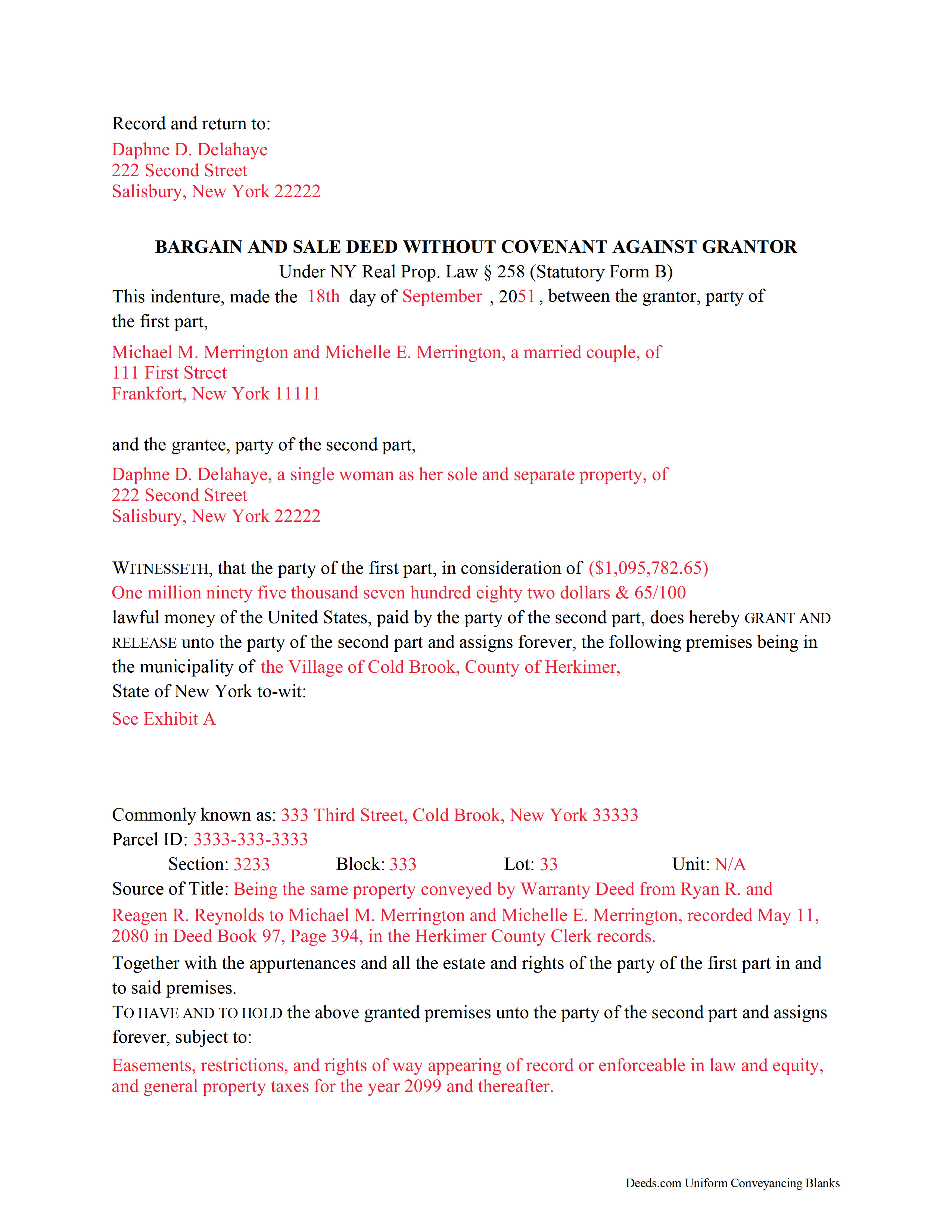 Washington County Completed Example of the Bargain and Sale Deed without Covenants Document
