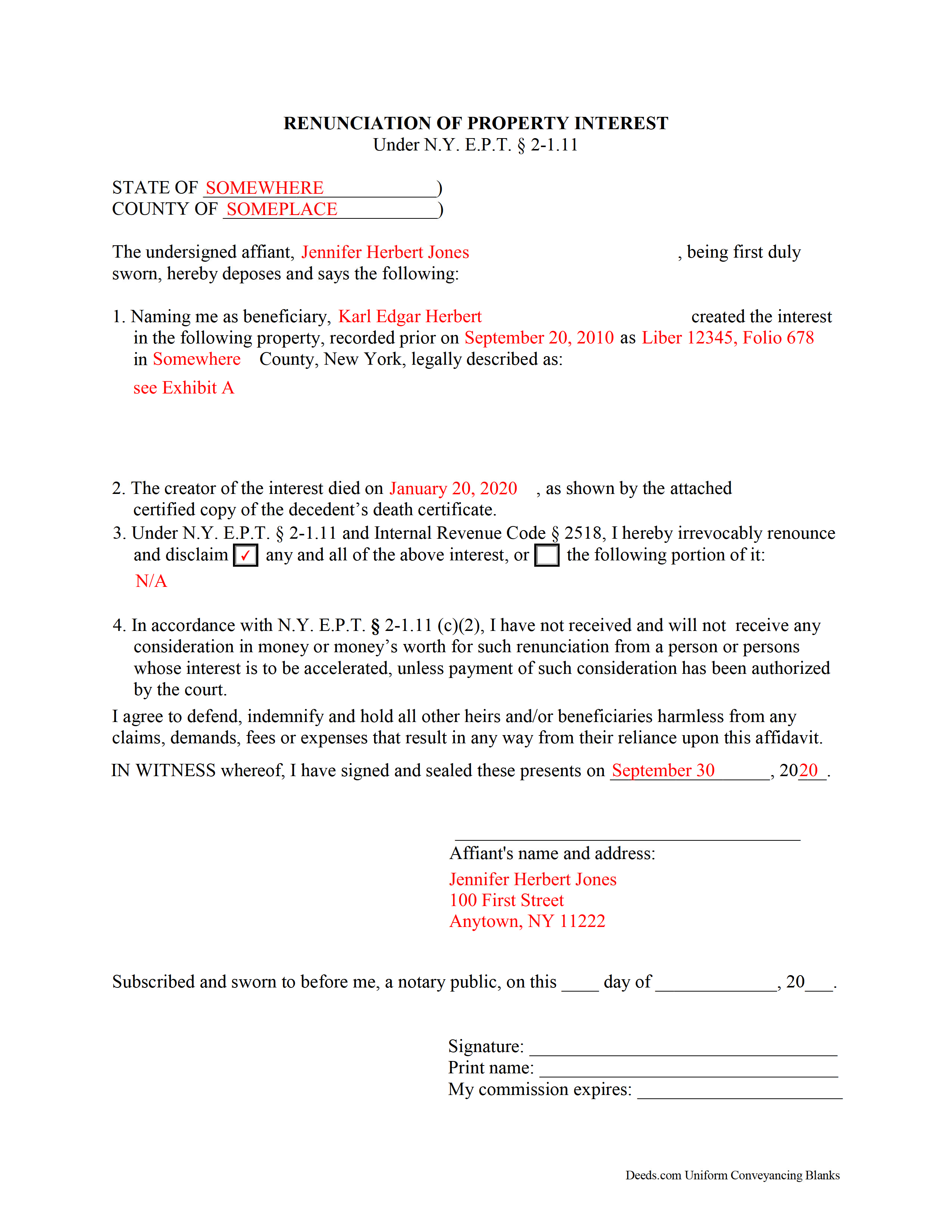 Washington County Completed Example of the Disclaimer of Interest Document