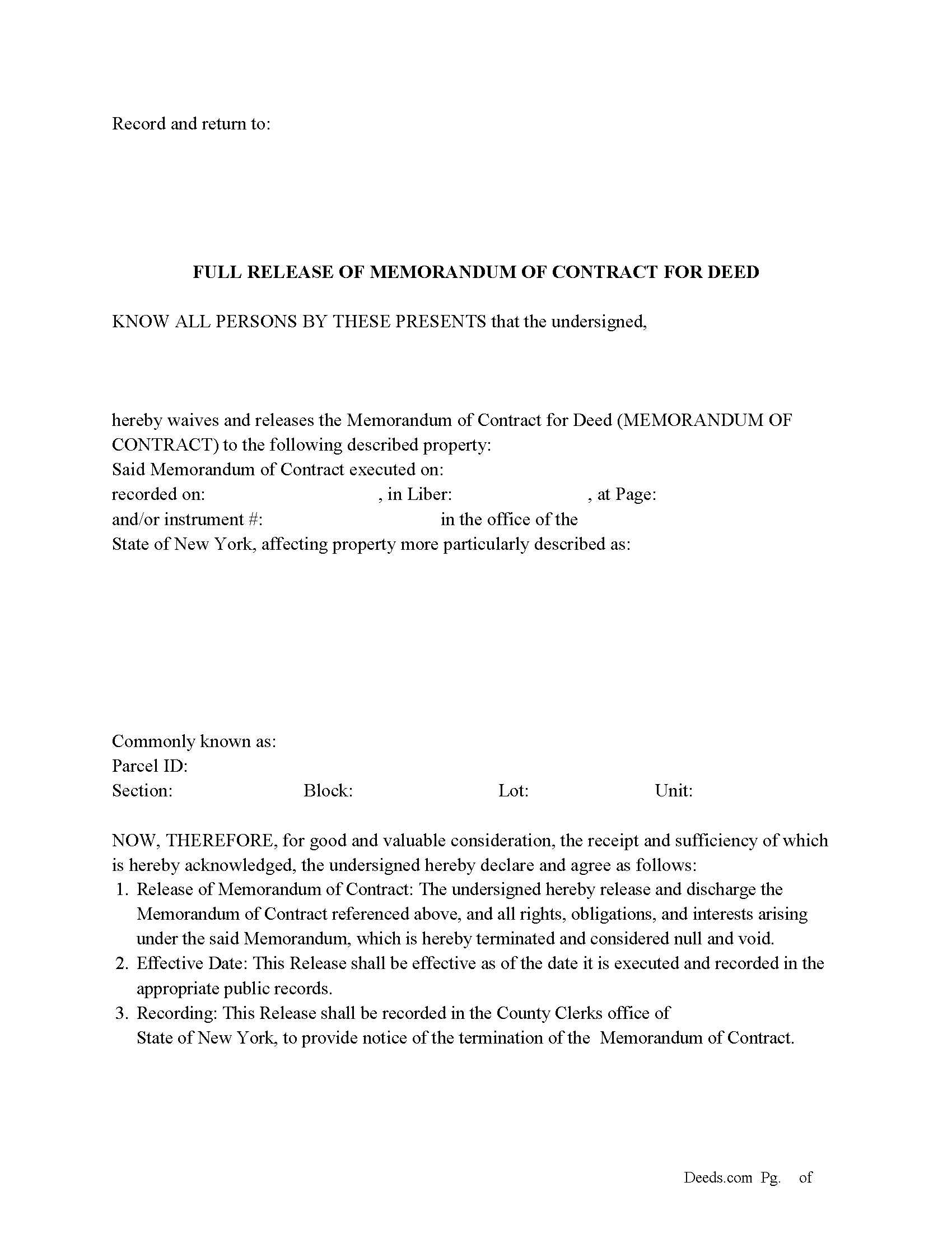Washington County Full Release of Memorandum of Contract for Deed Form