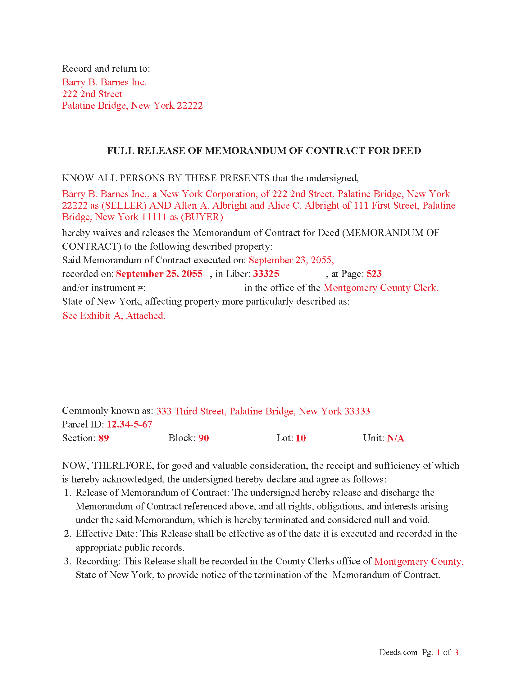 Washington County Completed Example of the Full Release of Memorandum of Contract for Deed Document