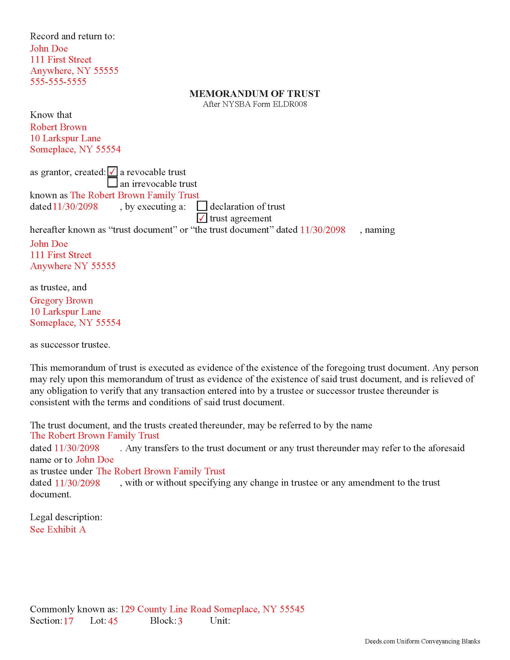 Completed Example of the Memorandum of Trust