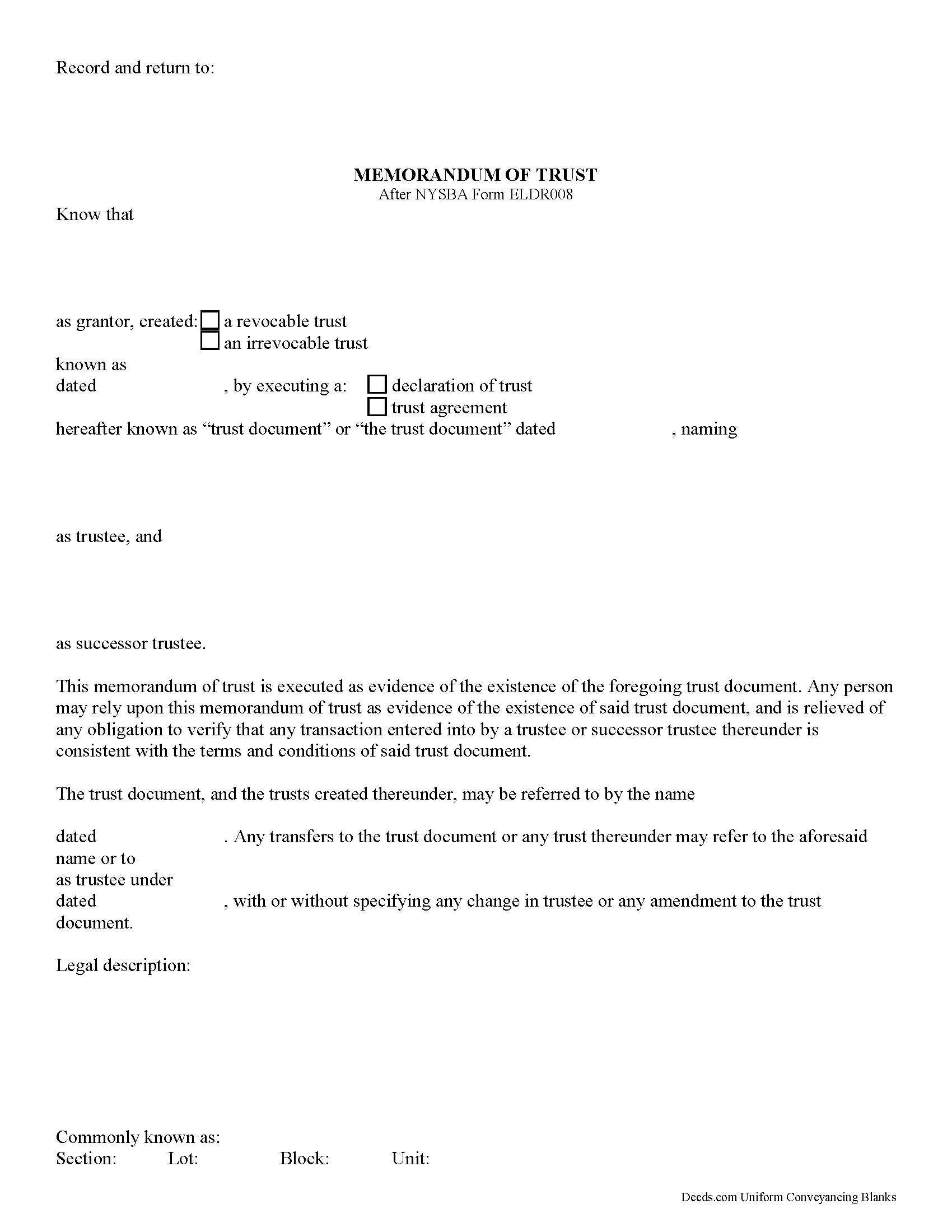 Memorandum of Trust Form