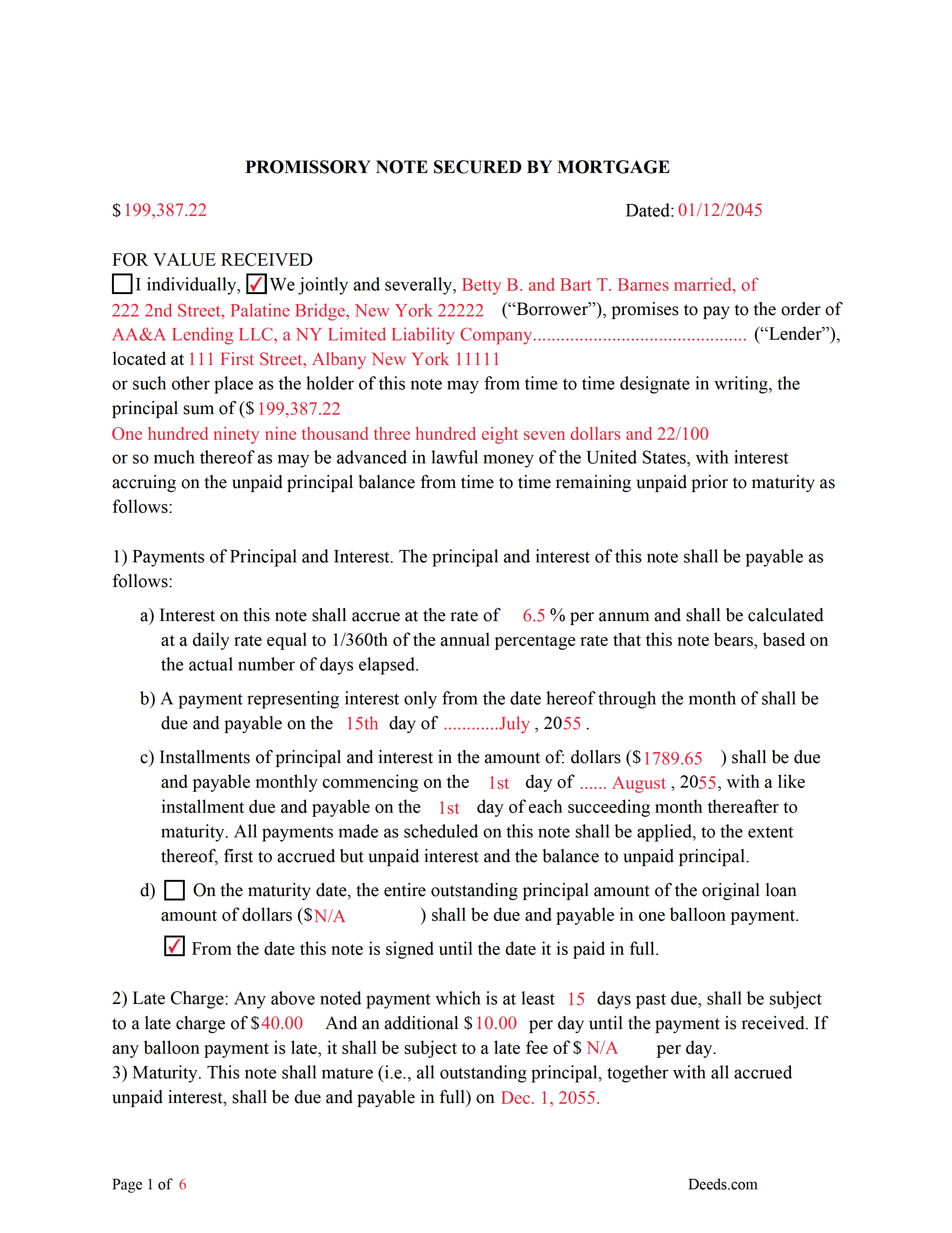 Completed Example of the Promissory Note Document