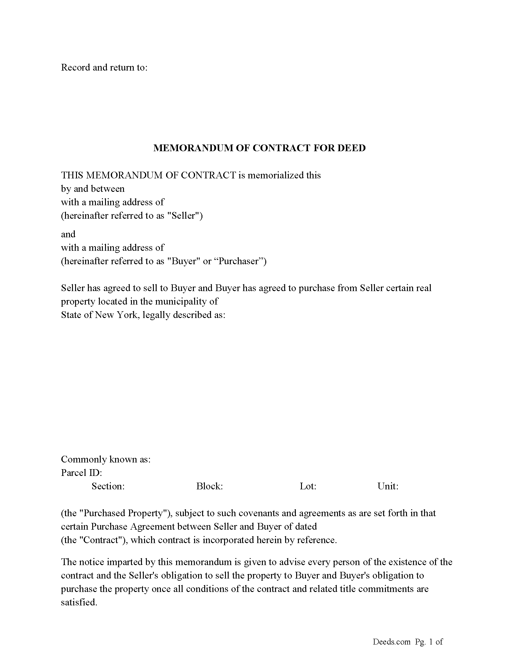 New York Memorandum of Contract for Deed Image