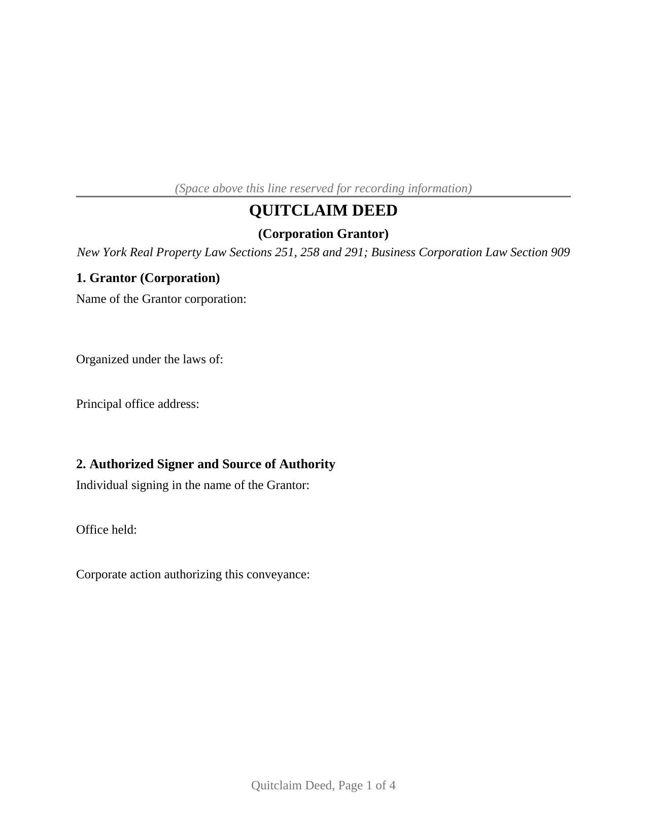 New York Quitclaim Deed (Corporation Grantor)