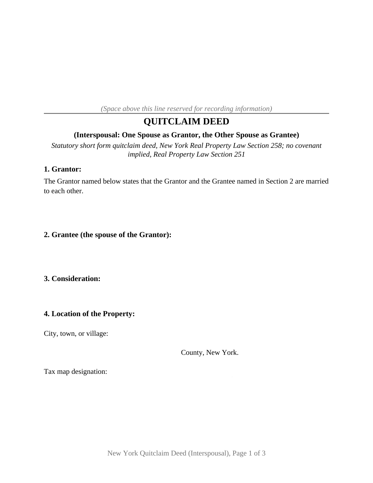 New York Quitclaim Deed (Interspousal)