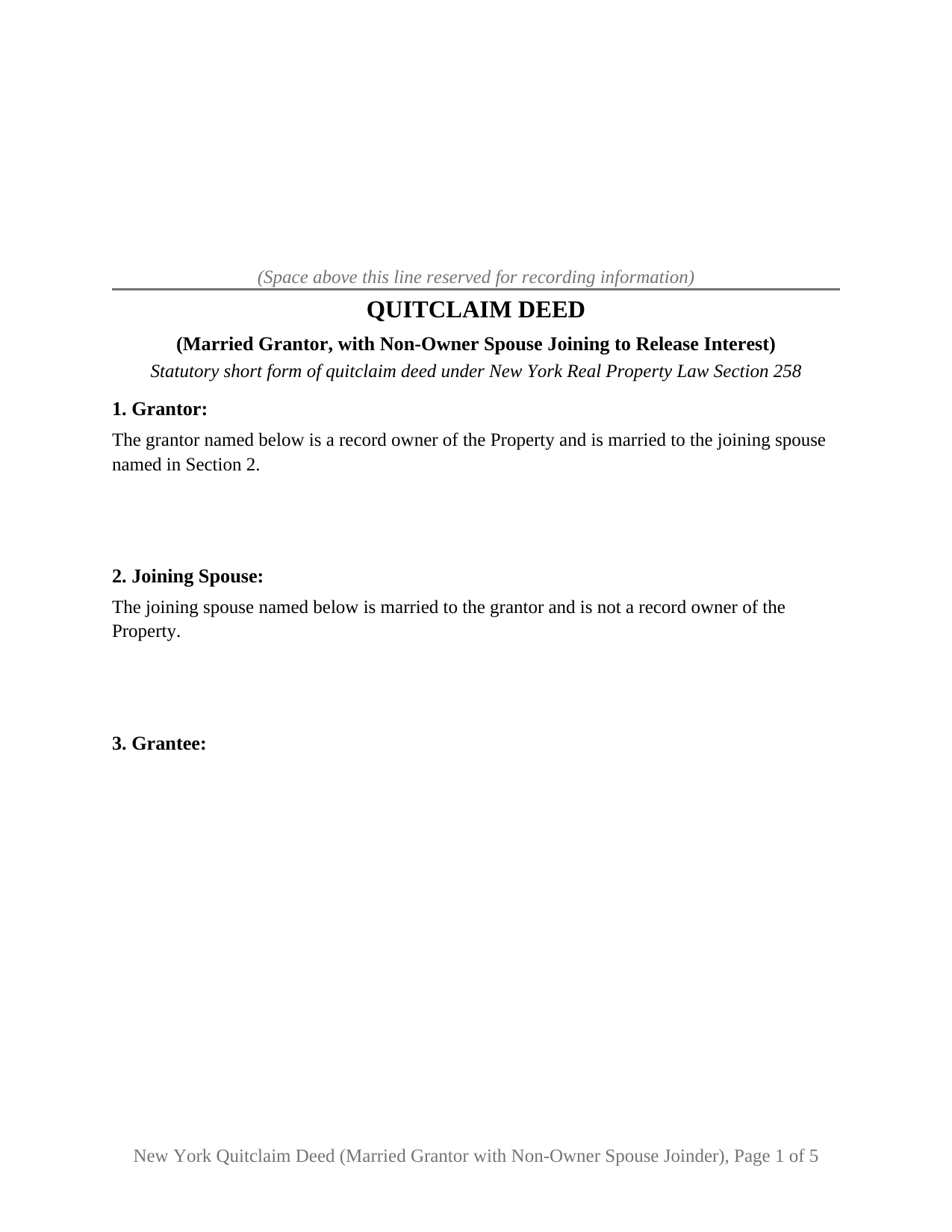 New York Quitclaim Deed (Married Grantor with Non-Owner Spouse Joinder)