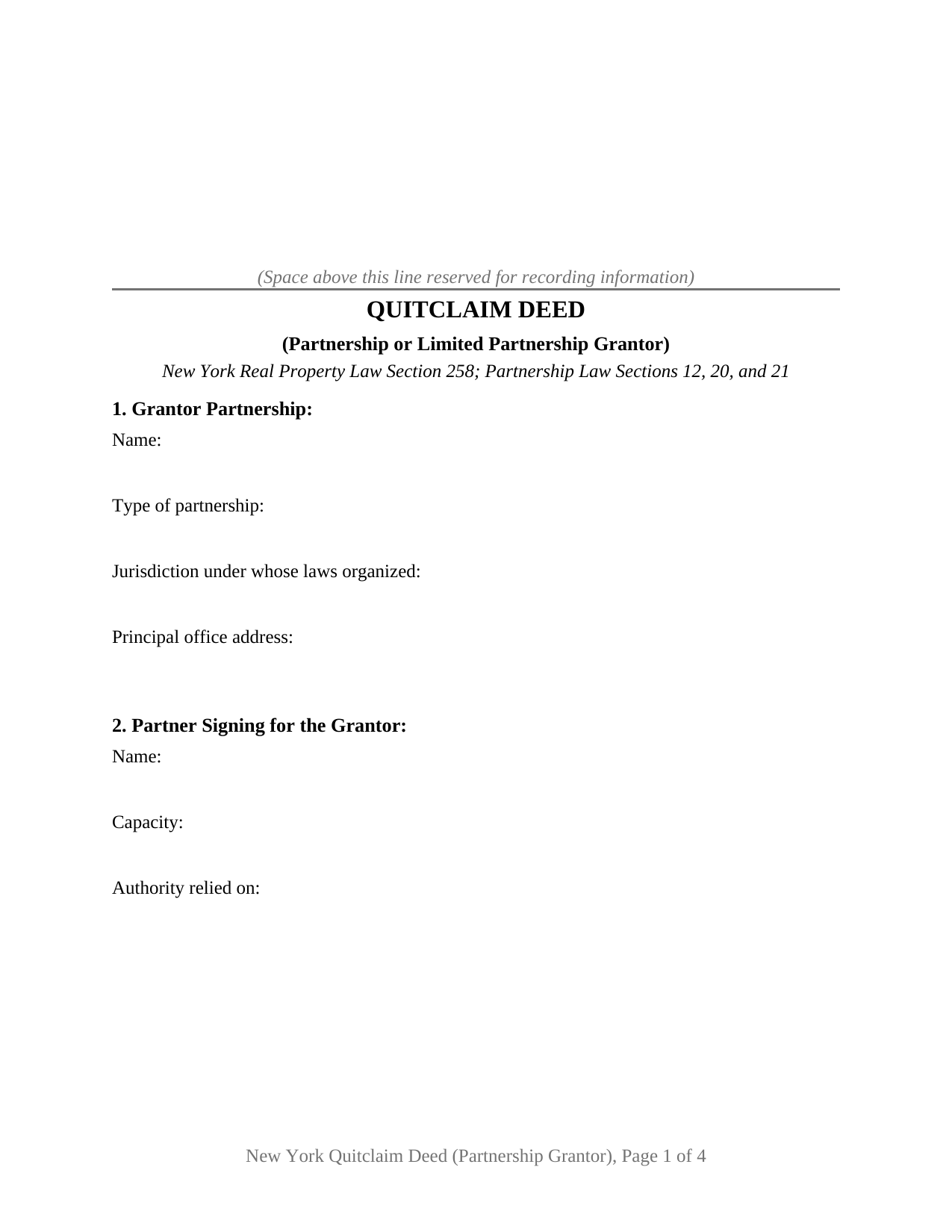 New York Quitclaim Deed (Partnership or Limited Partnership Grantor)