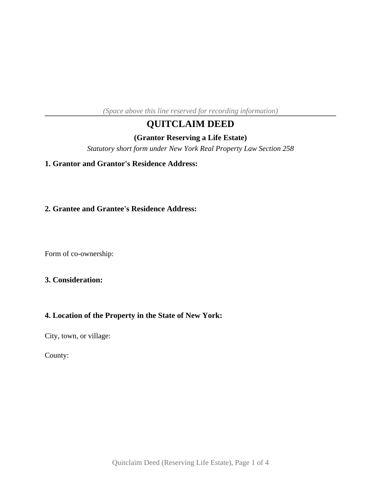 New York Quitclaim Deed (Reserving Life Estate)