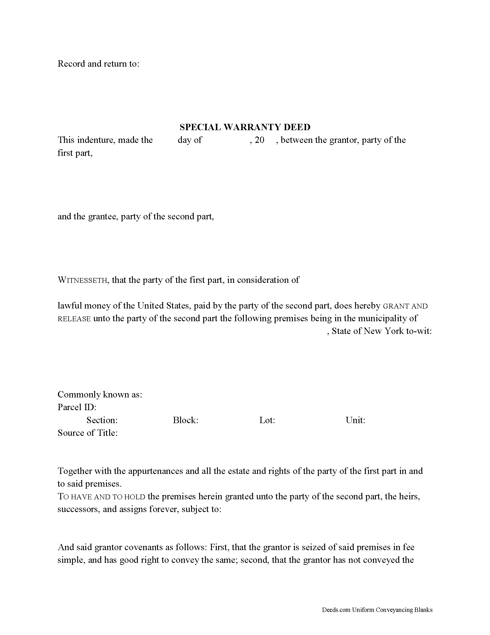 New York Special Warranty Deed Image