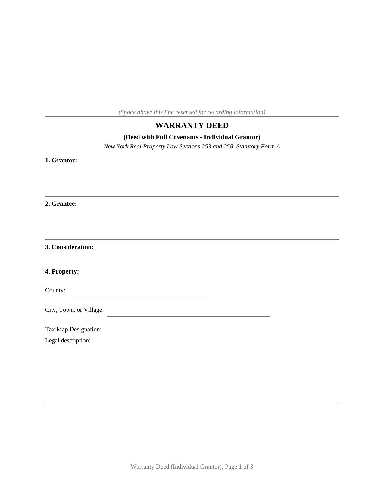 New York Warranty Deed (Individual Grantor)
