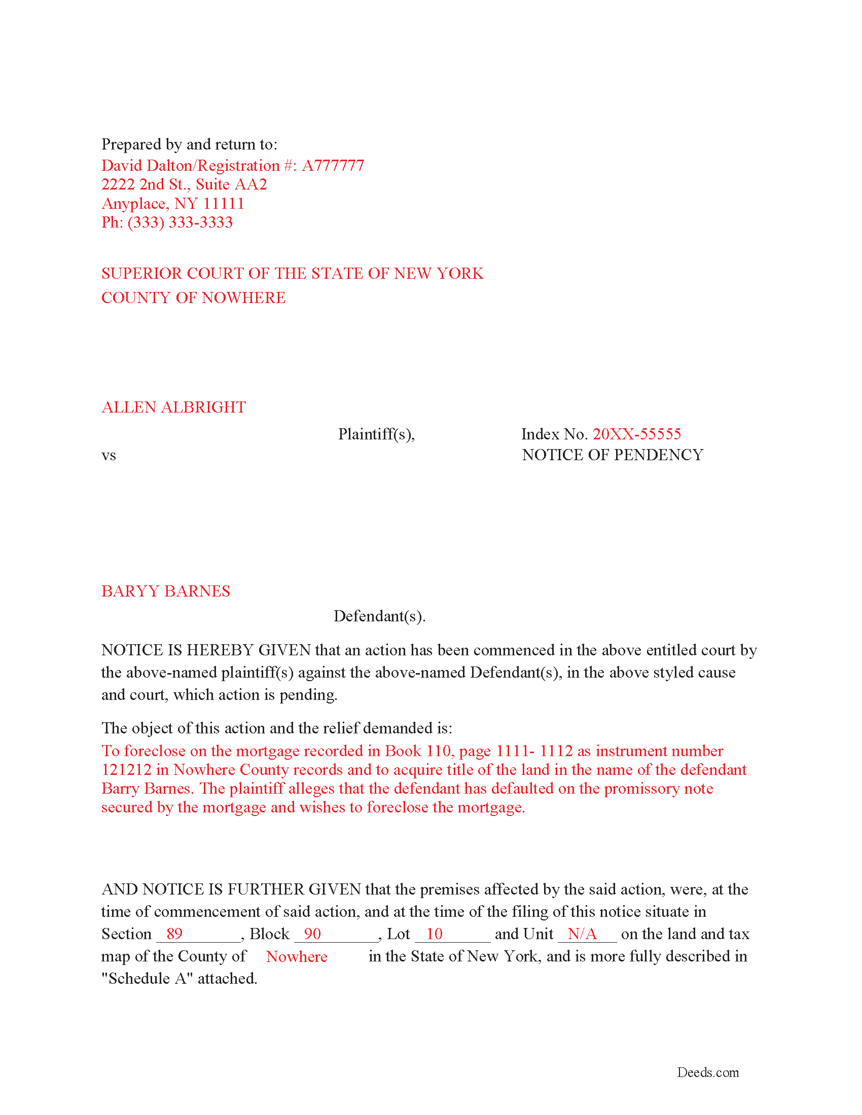 Completed Example of the Notice of Pendency Document