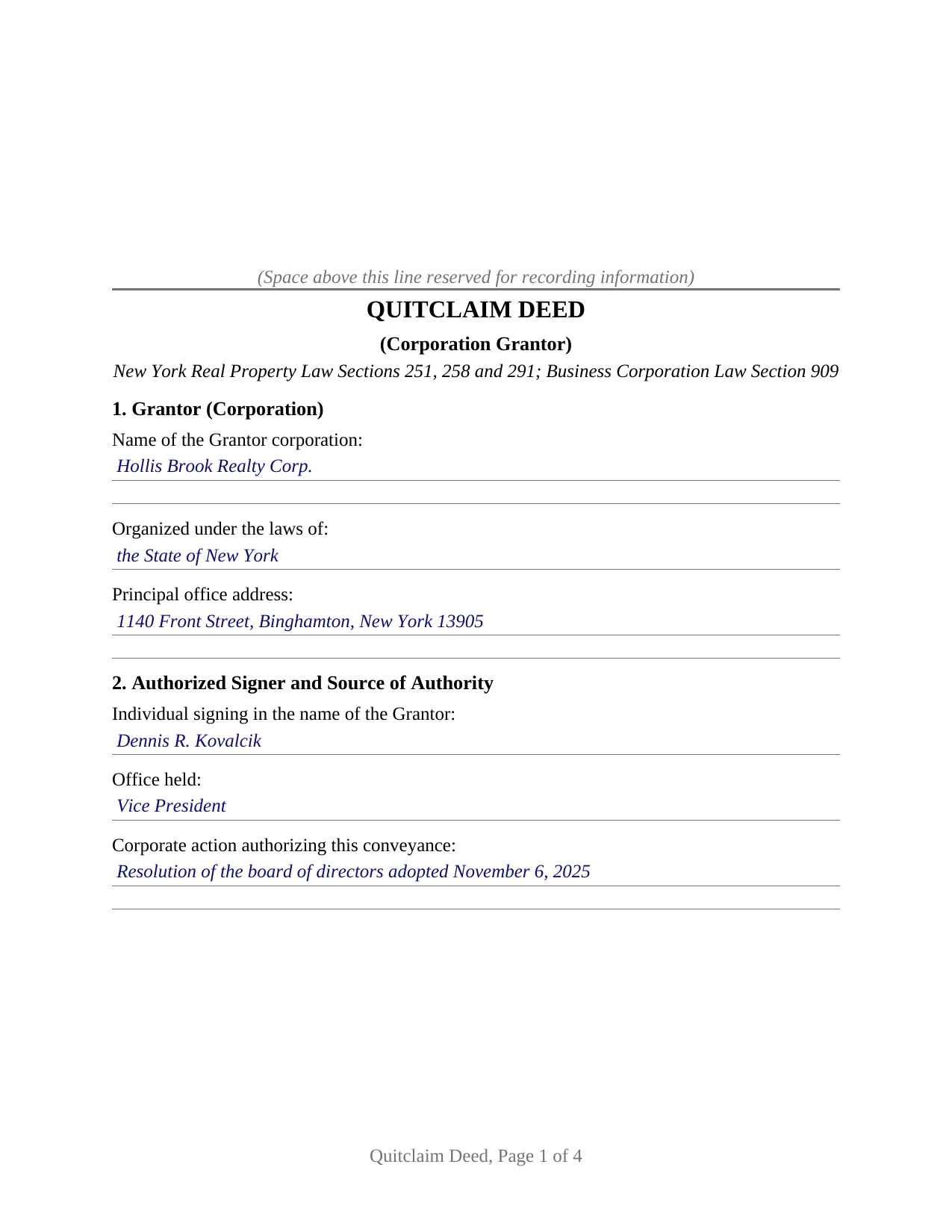 Jefferson County Completed Example of the Quitclaim Deed (Corporation Grantor) Document