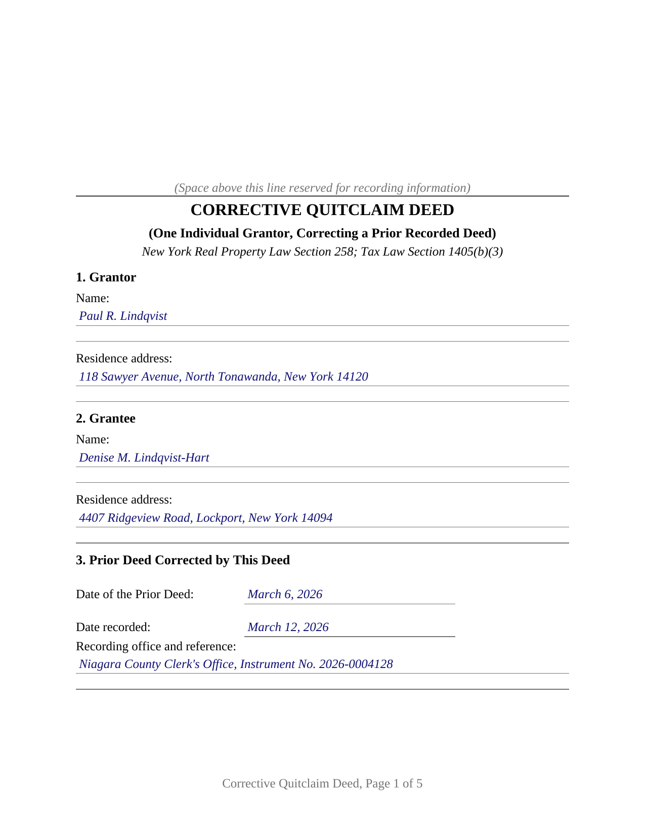 Schoharie County Completed Example of the Quitclaim Deed (Corrective) Document