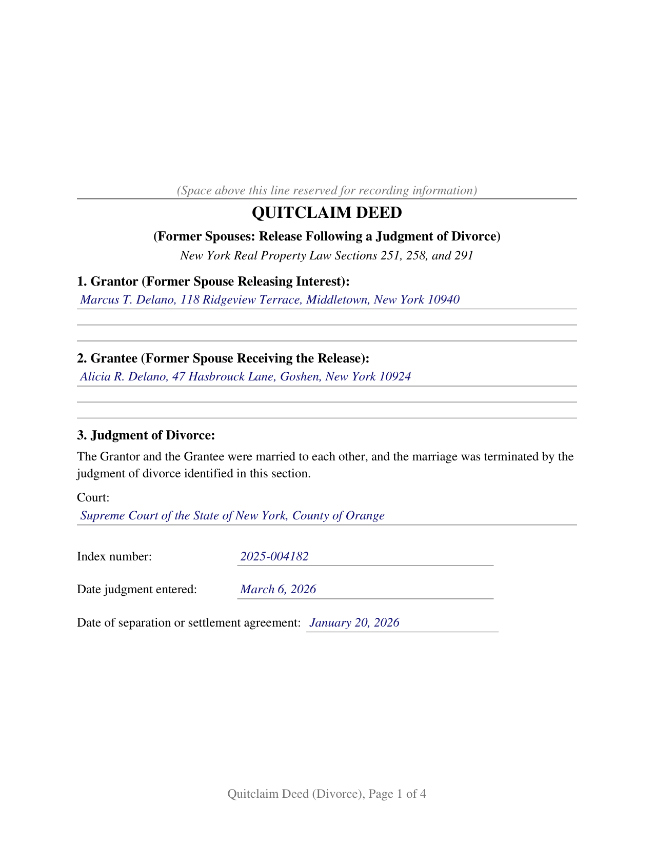 Montgomery County Completed Example of the Quitclaim Deed (Divorce) Document