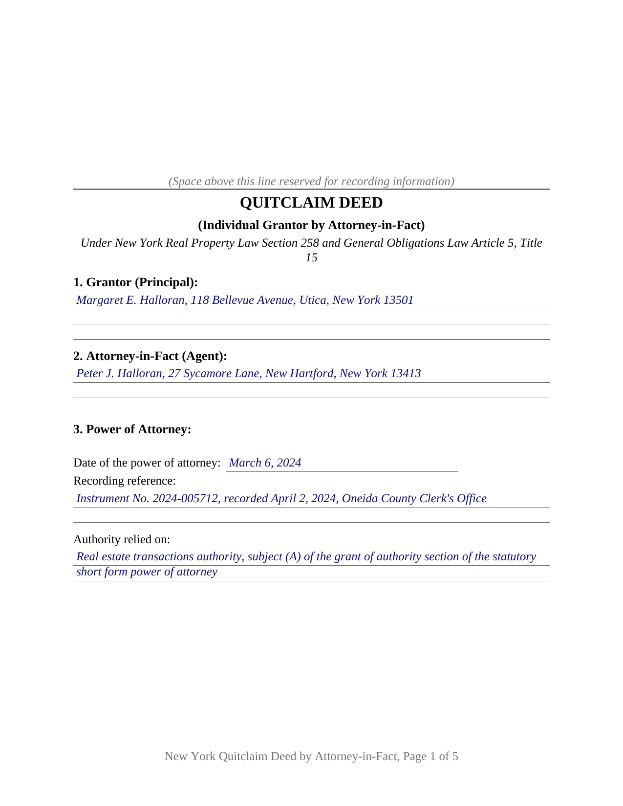 Jefferson County Completed Example of the Quitclaim Deed (Individual Grantor by Attorney-in-Fact) Document