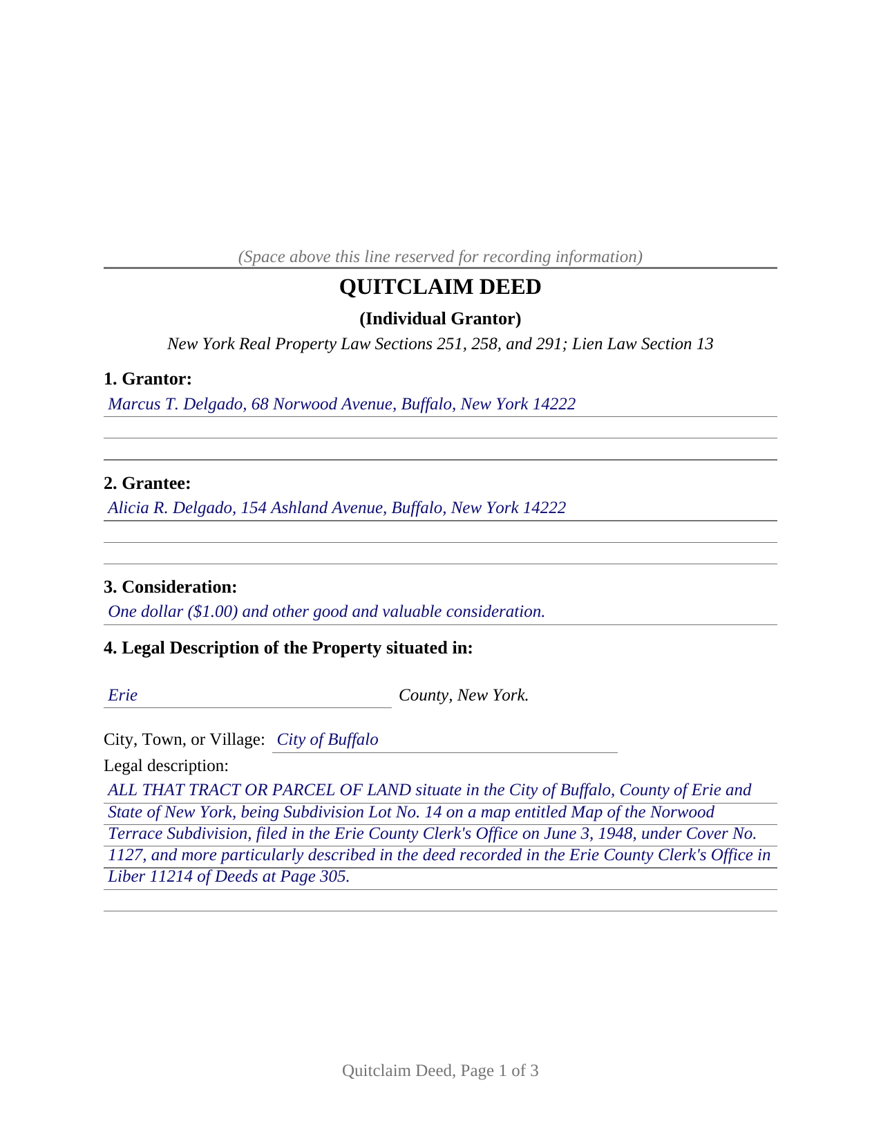 Montgomery County Completed Example of the Quitclaim Deed (Individual Grantor) Document