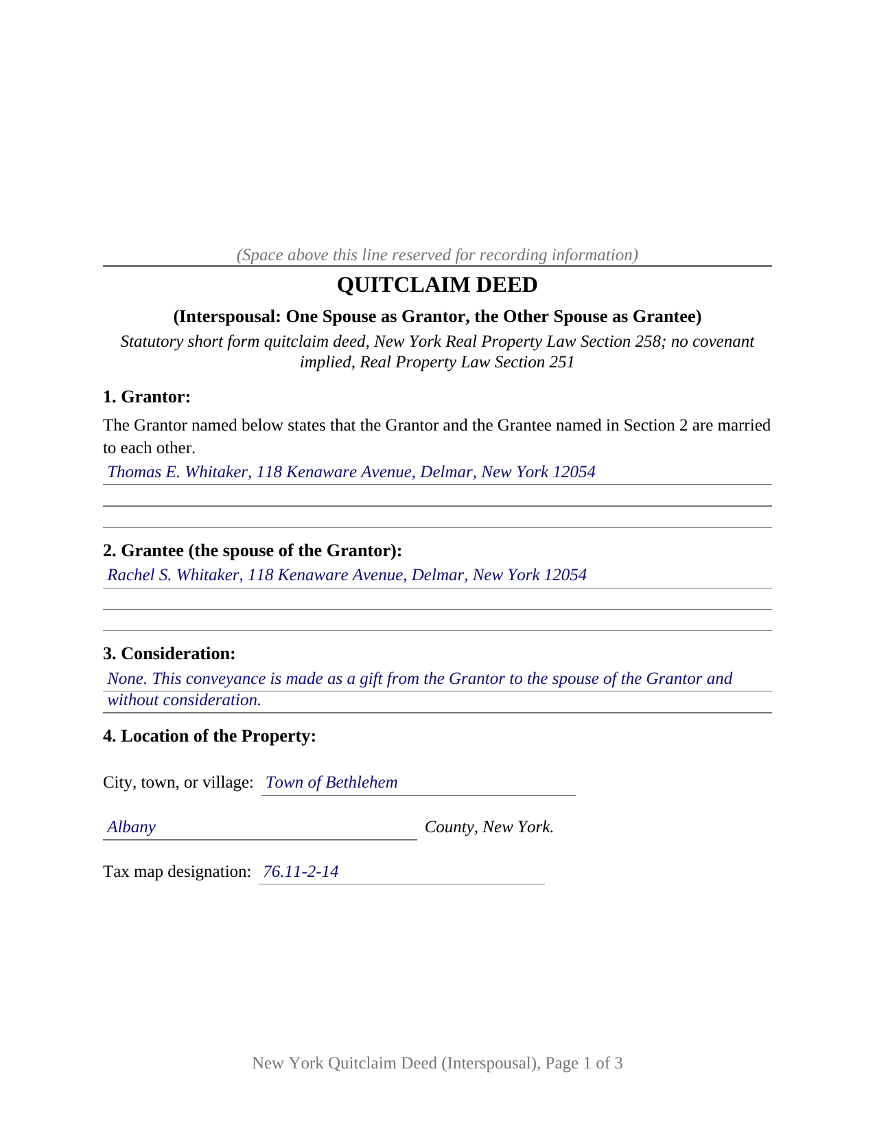 Rockland County Completed Example of the Quitclaim Deed (Interspousal) Document