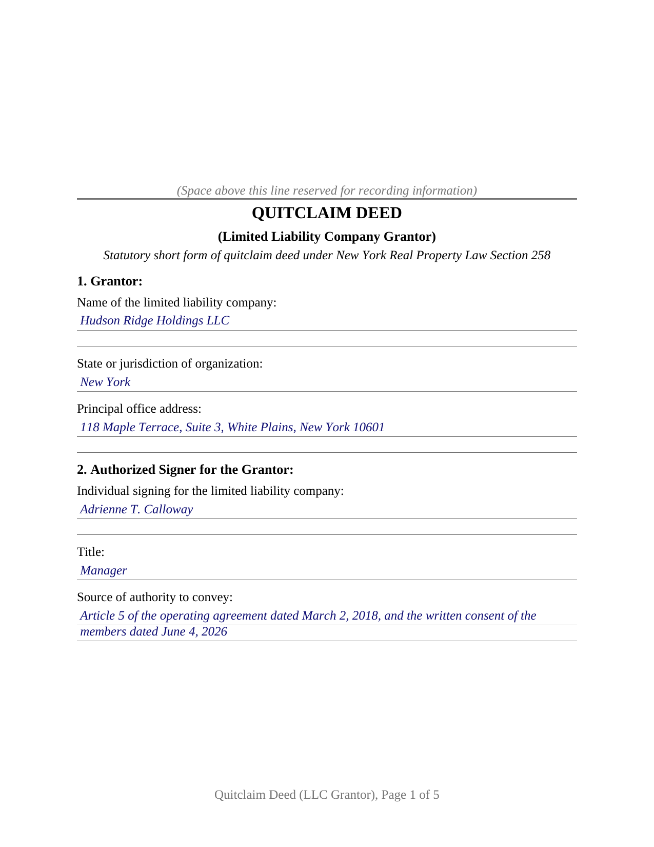 Kings County Completed Example of the Quitclaim Deed (LLC Grantor) Document