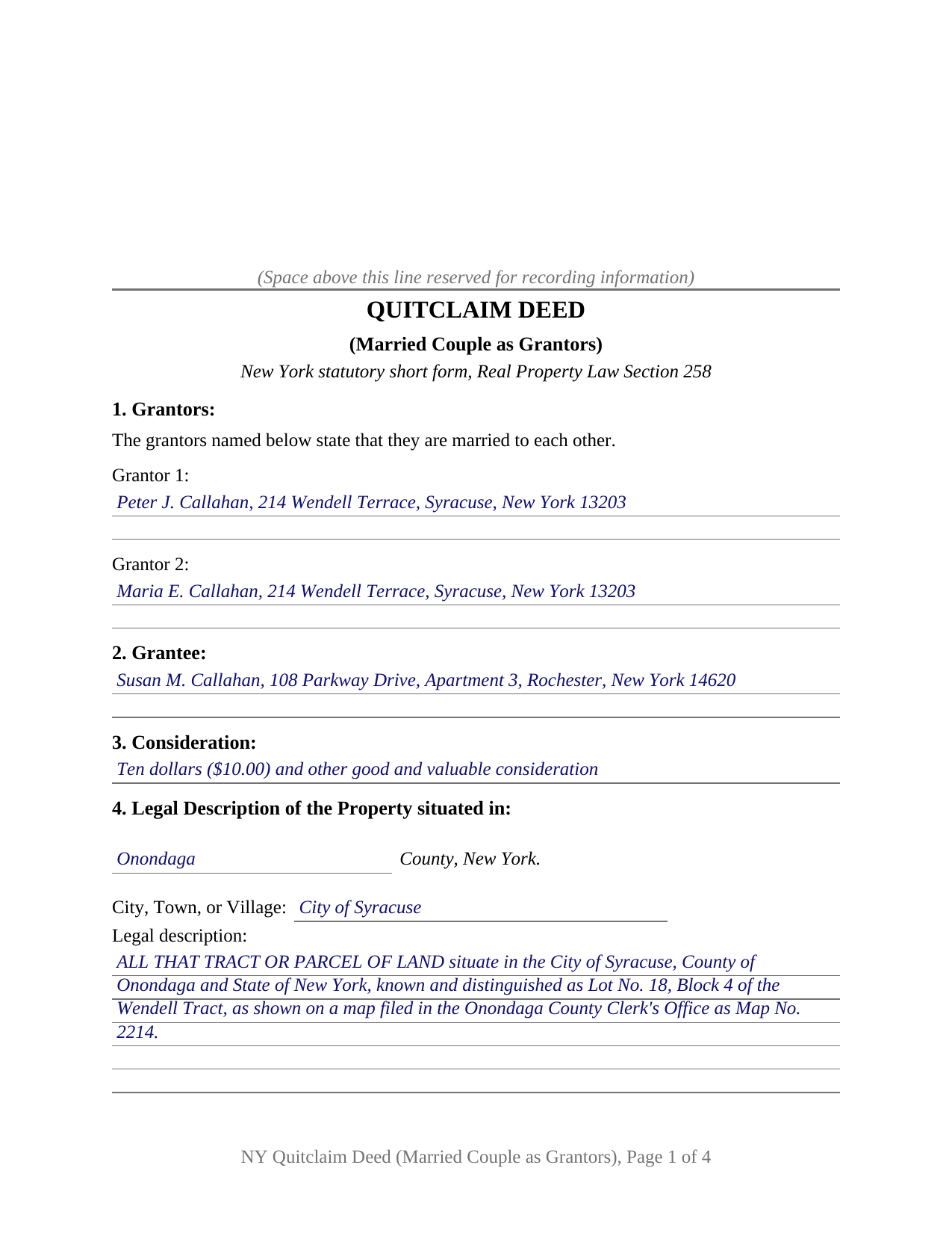 Ontario County Completed Example of the Quitclaim Deed (Married Couple as Grantors) Document