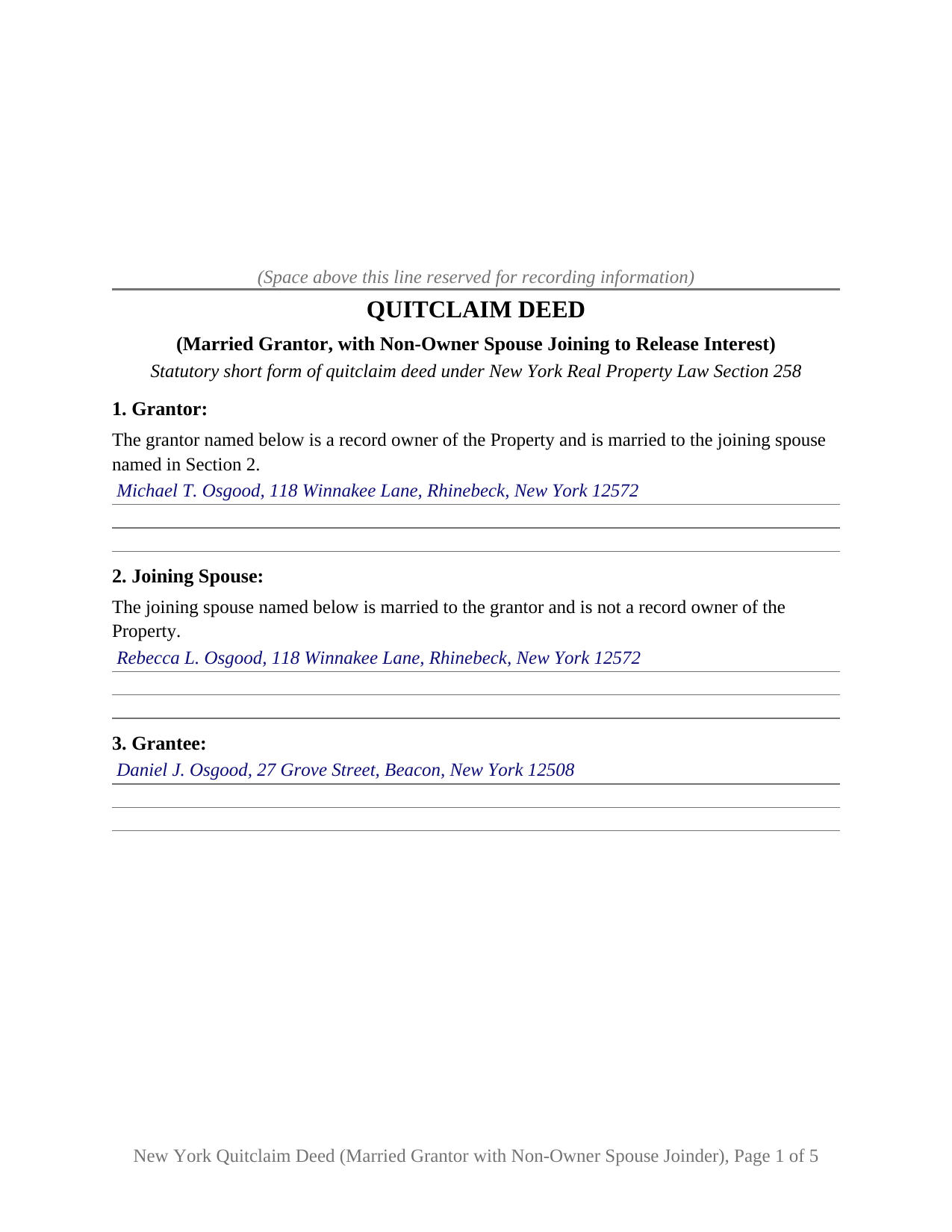 Erie County Completed Example of the Quitclaim Deed (Married Grantor with Non-Owner Spouse Joinder) Document