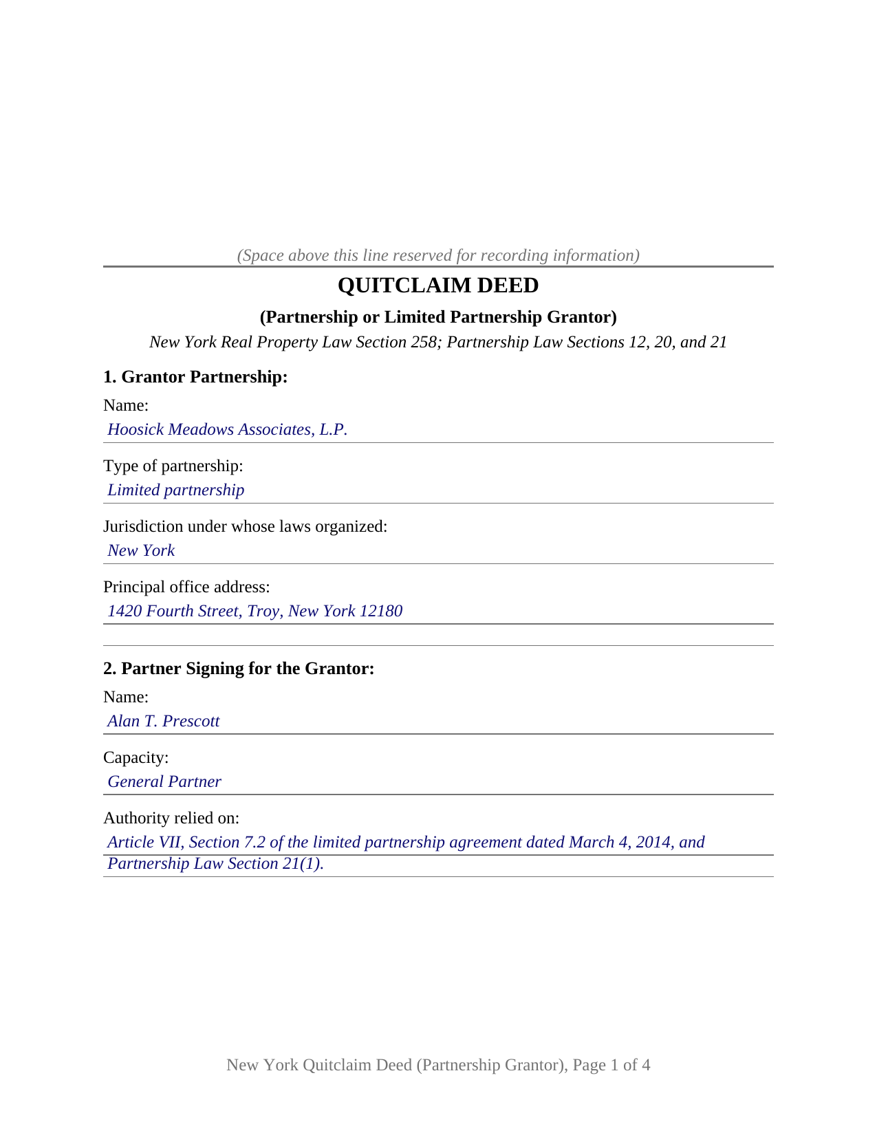 Wayne County Completed Example of the Quitclaim Deed (Partnership or Limited Partnership Grantor) Document