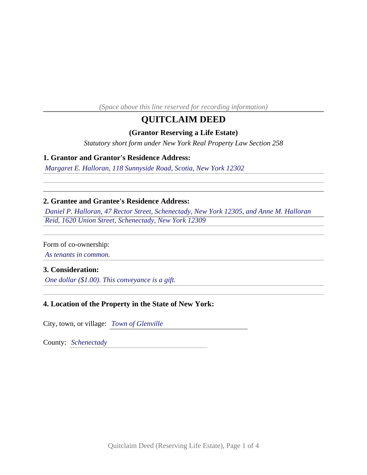 Montgomery County Completed Example of the Quitclaim Deed (Reserving Life Estate) Document