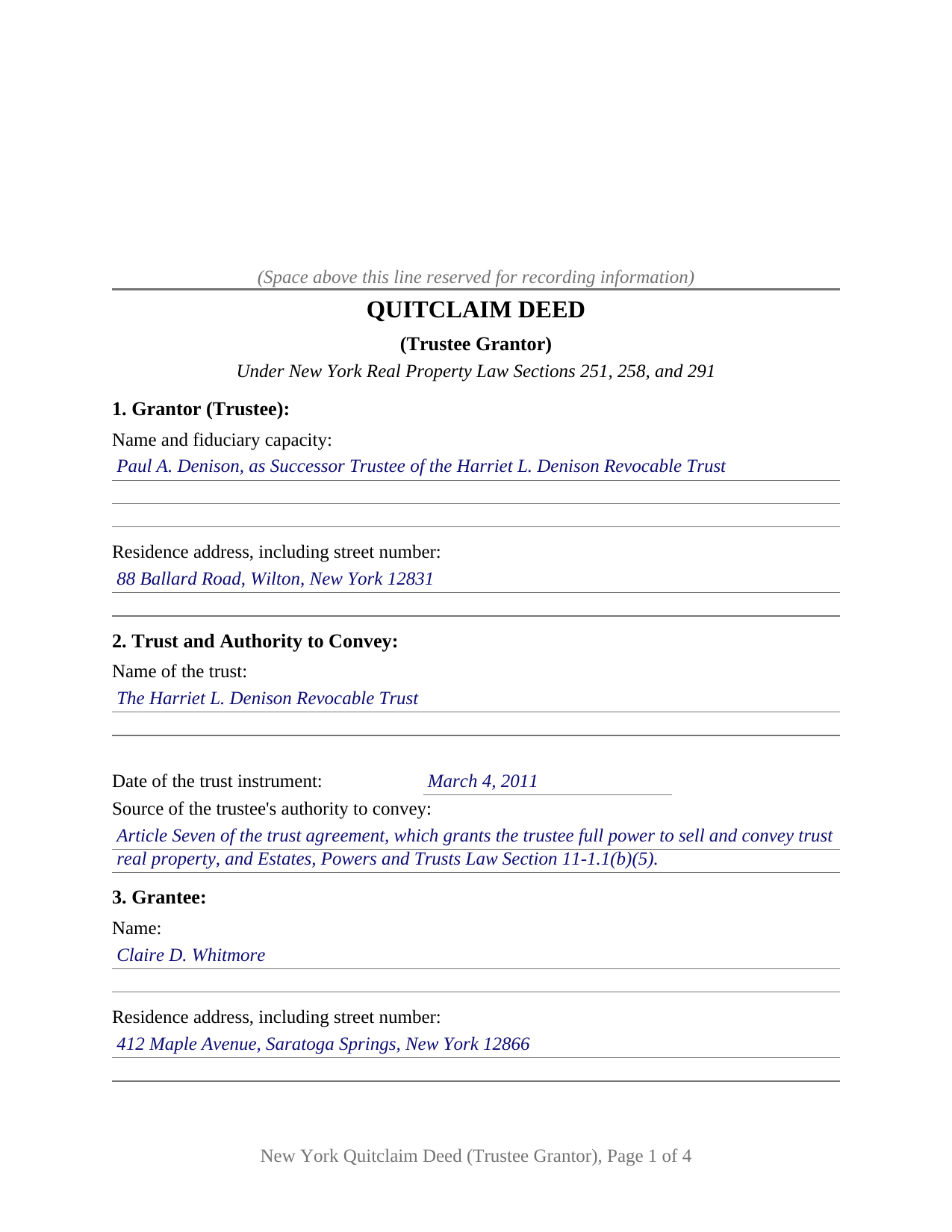 Oneida County Completed Example of the Quitclaim Deed (Trustee Grantor) Document