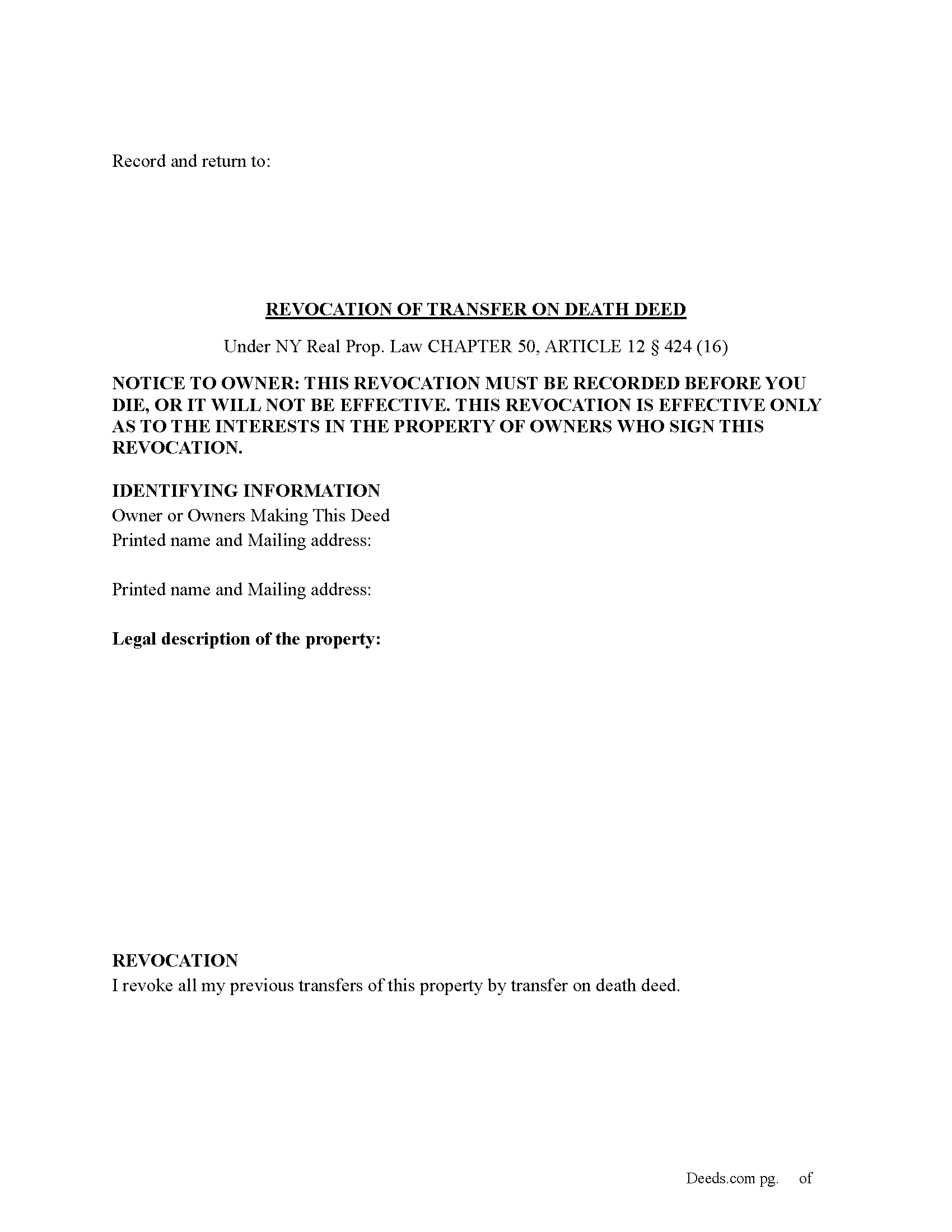 Washington County Revocation of Transfer on Death Deed Form