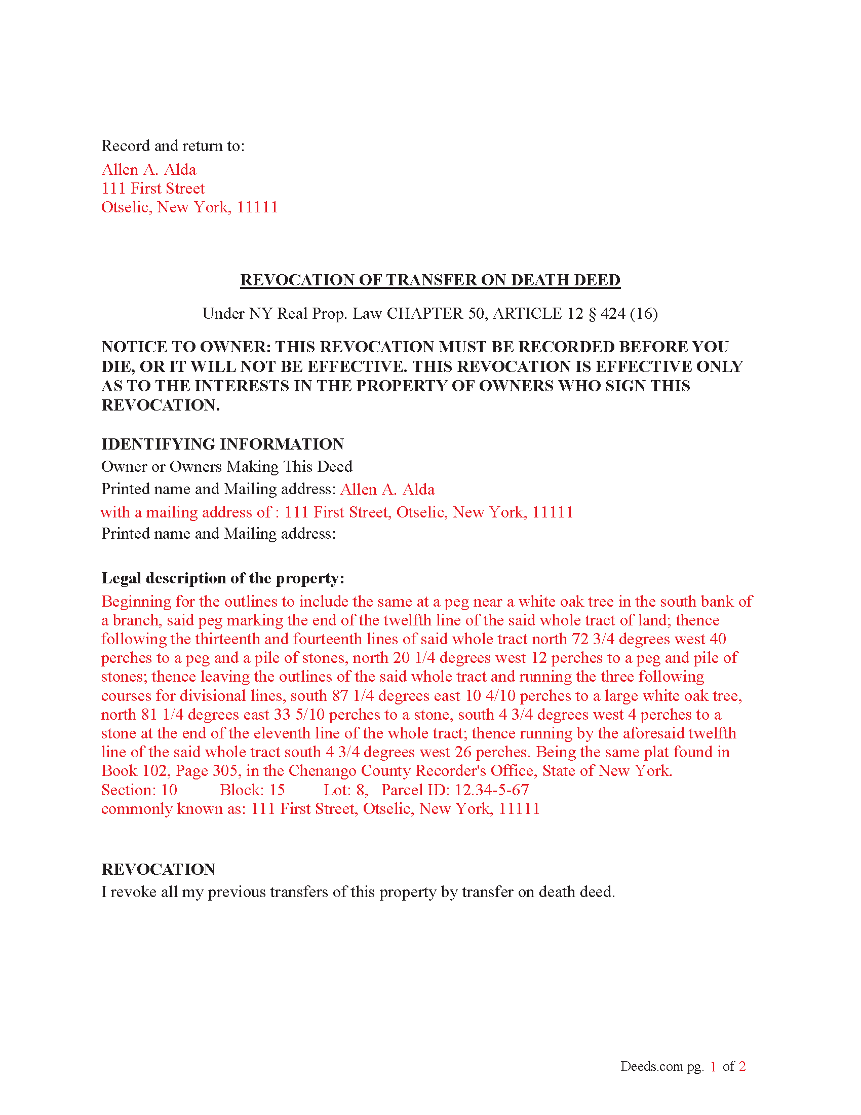 Washington County Completed Example of the Revocation of Transfer on Death Deed Document