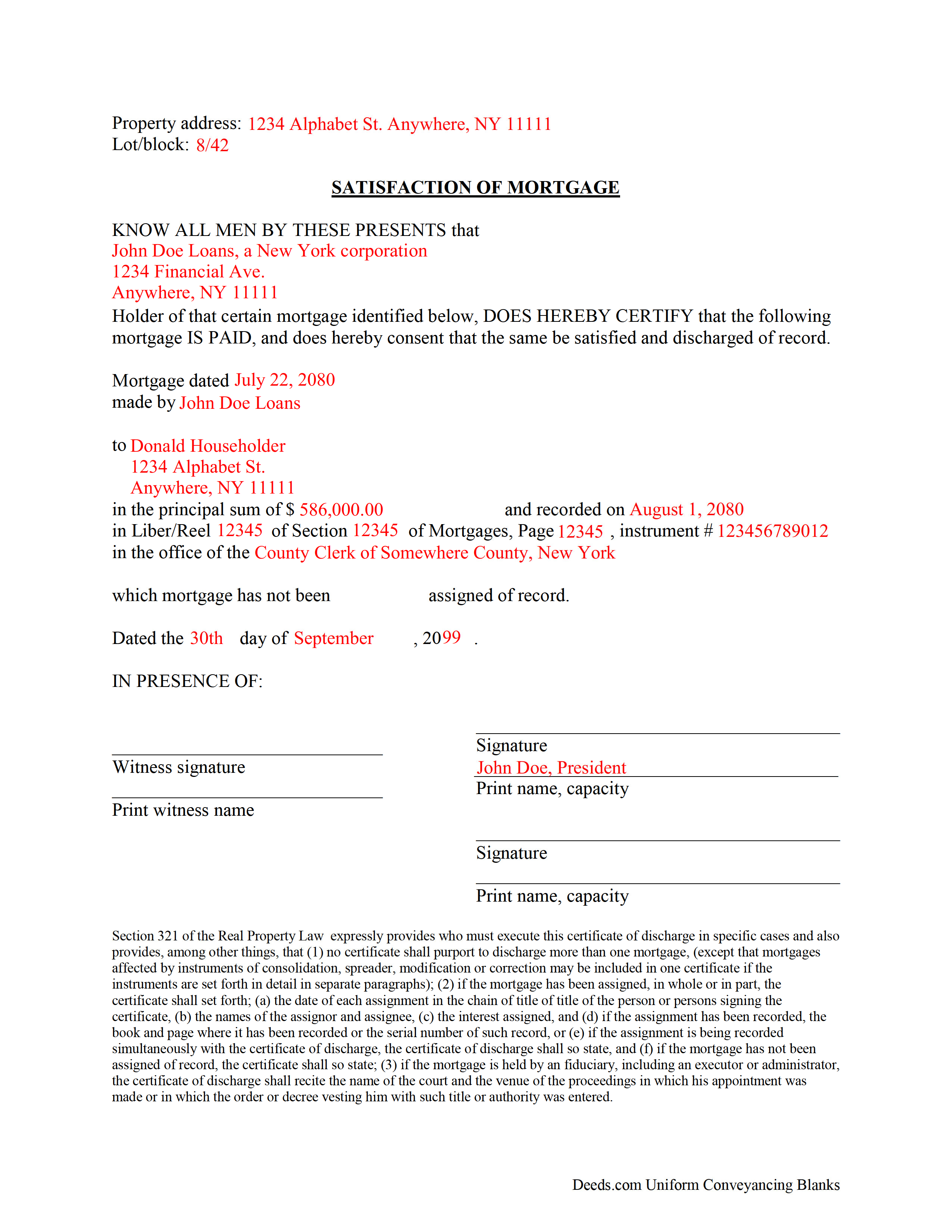 Washington County Completed Example of the Satisfaction of Mortgage Document