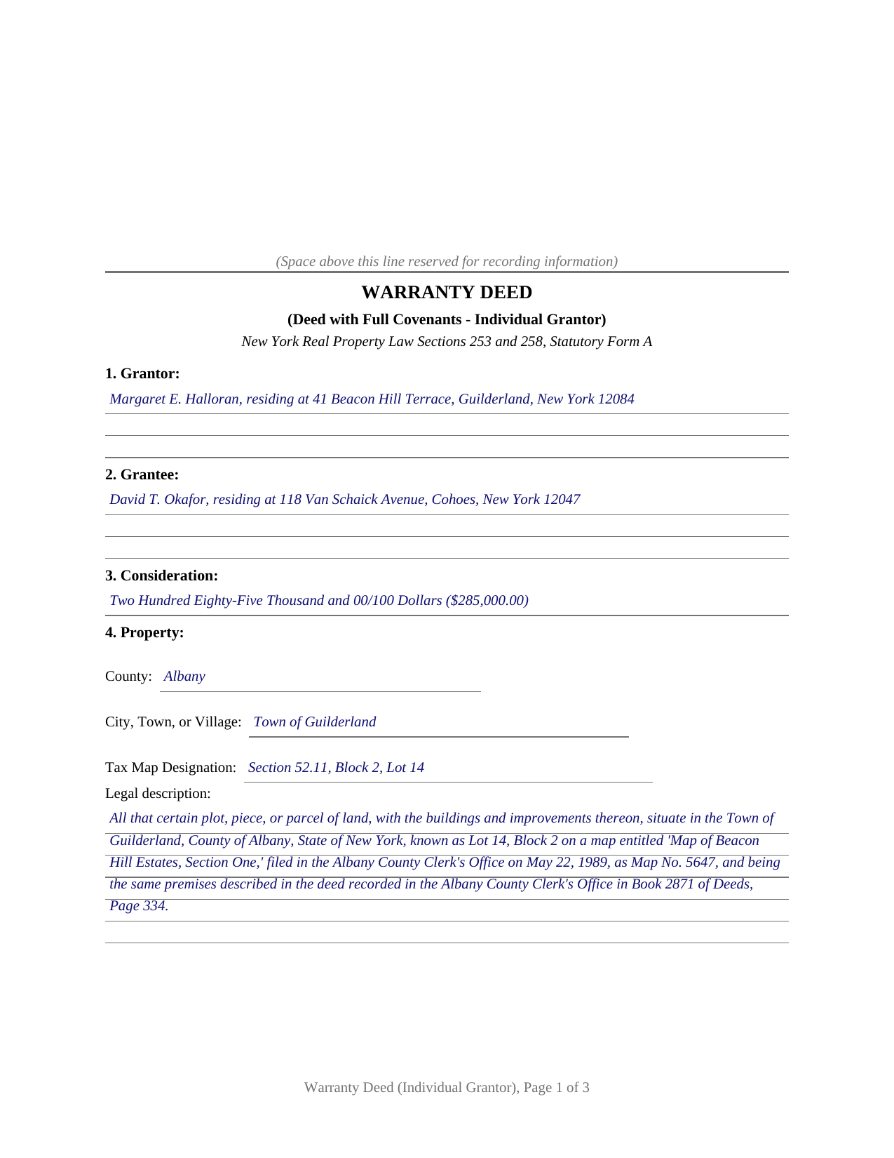 Montgomery County Completed Example of the Warranty Deed (Individual Grantor) Document
