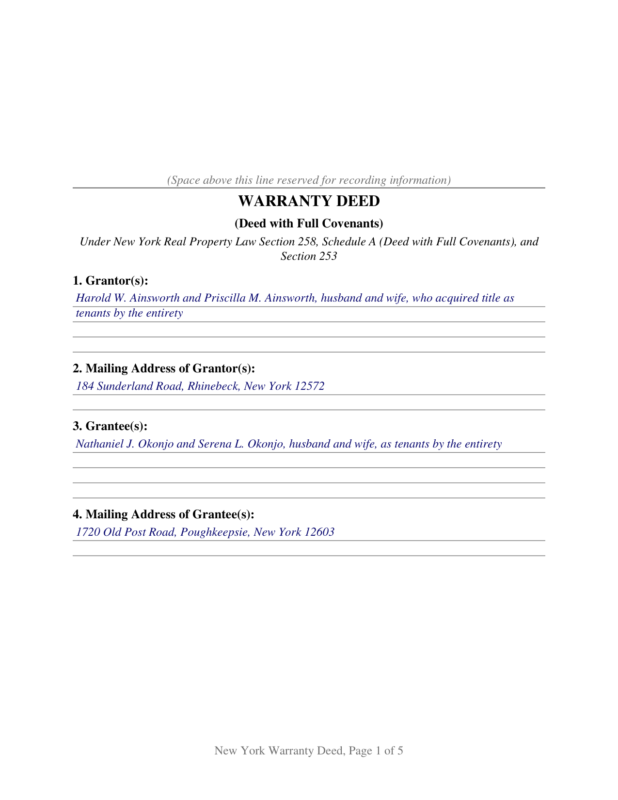 Delaware County Completed Example of the Warranty Deed Document