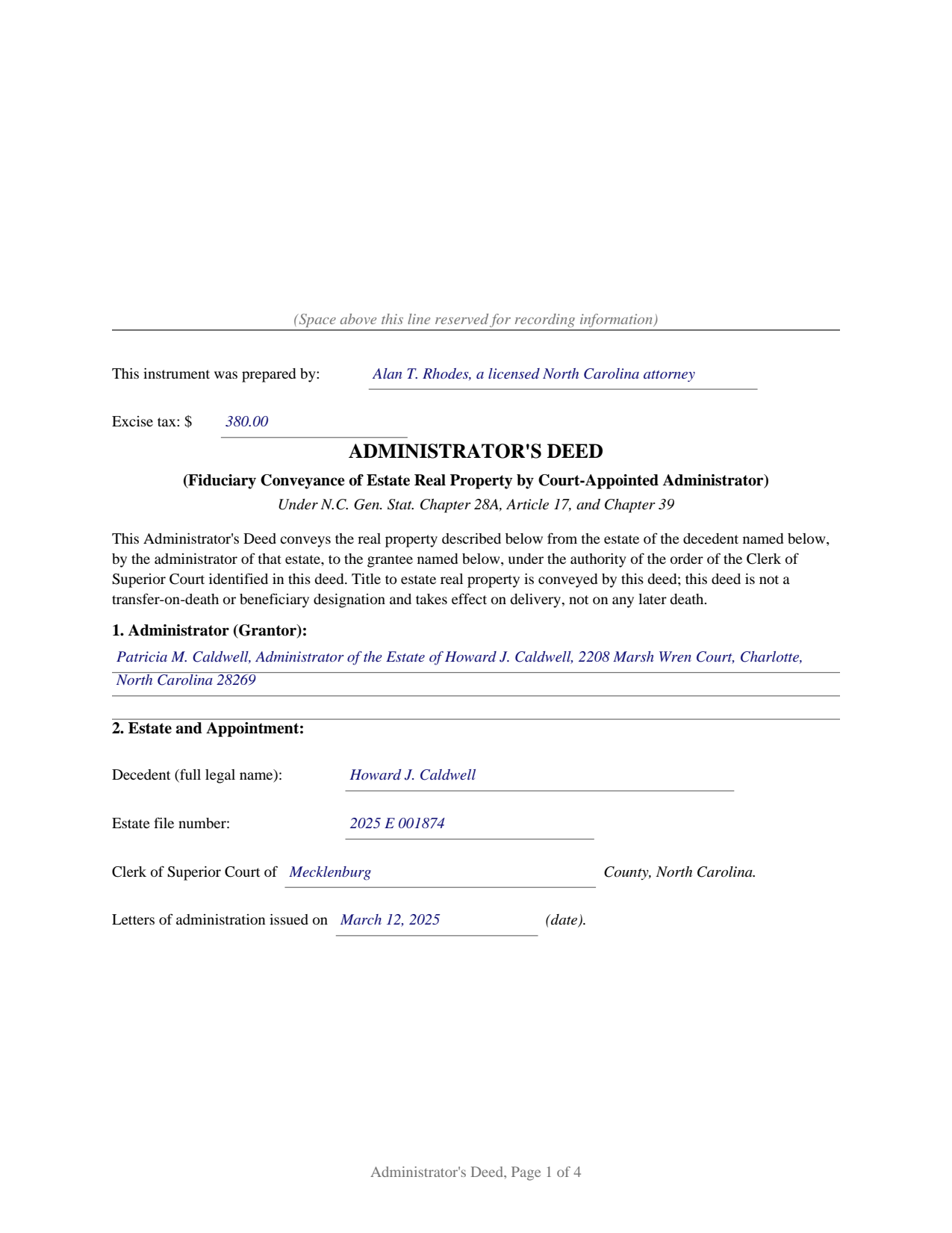 Sampson County Completed Example of the Administrators Deed Document