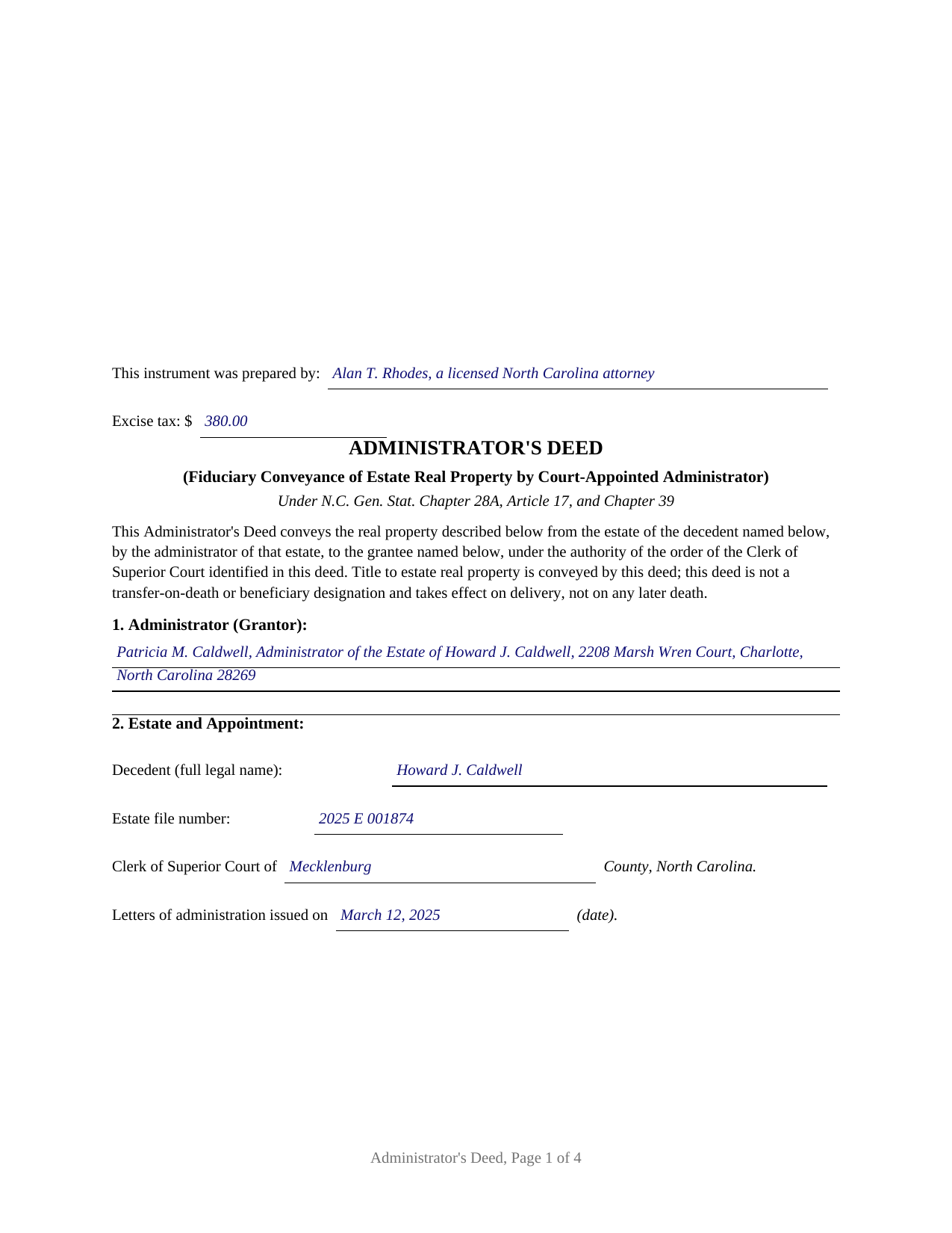 Dare County Completed Example of the Administrators Deed Document