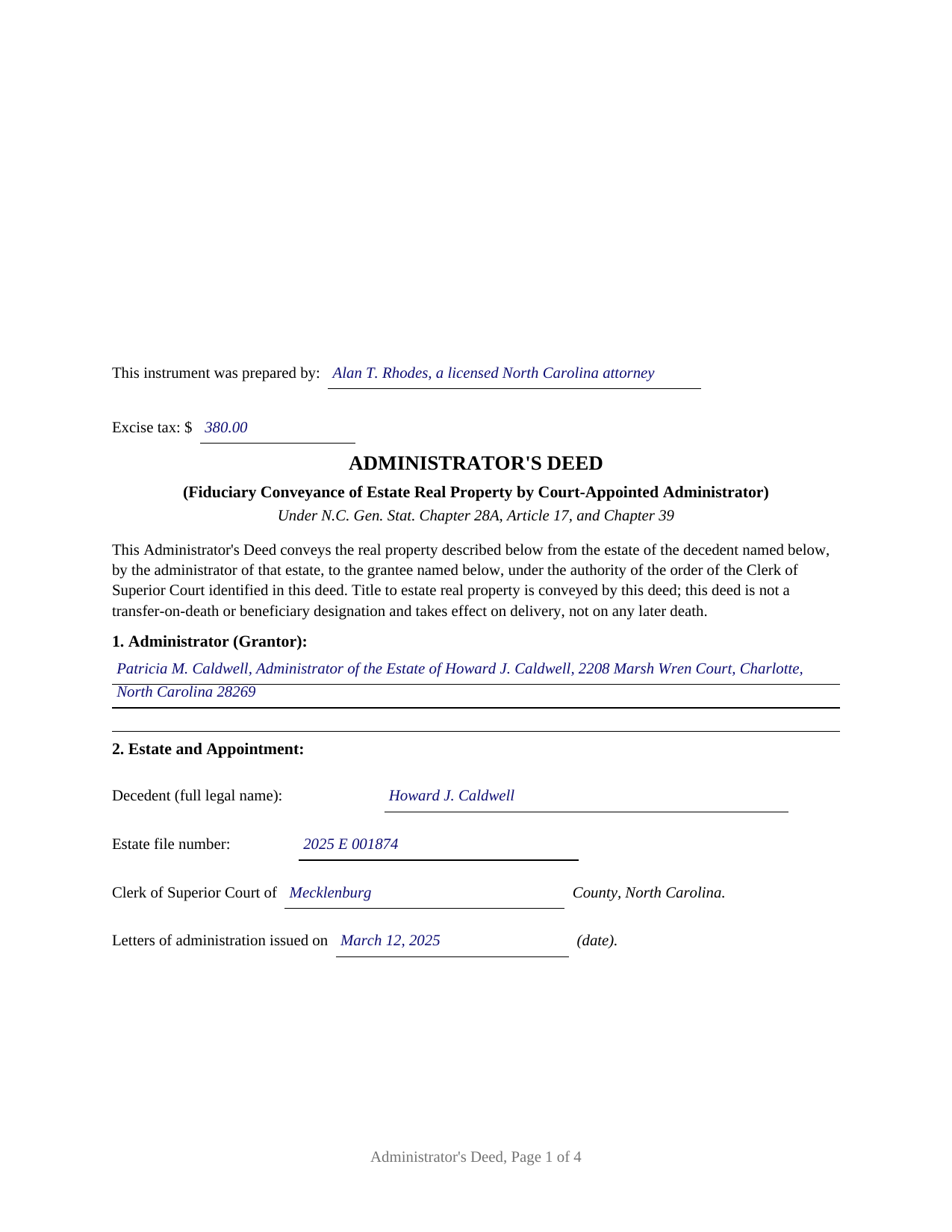 Rutherford County Completed Example of the Administrators Deed Document