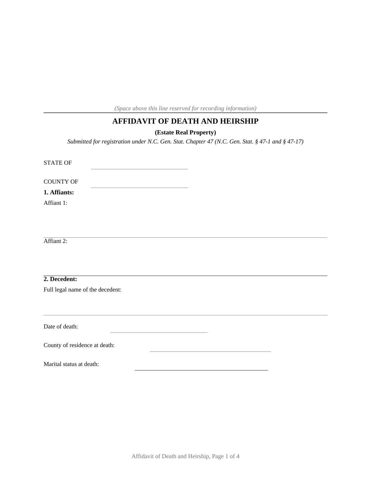 Sampson County Affidavit of Death and Heirship (Estate Real Property) Form