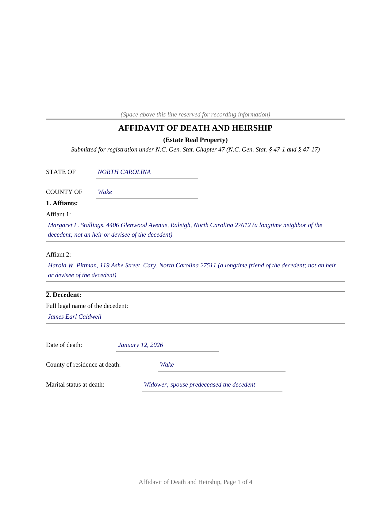 Sampson County Completed Example of the Affidavit of Death and Heirship (Estate Real Property) Document