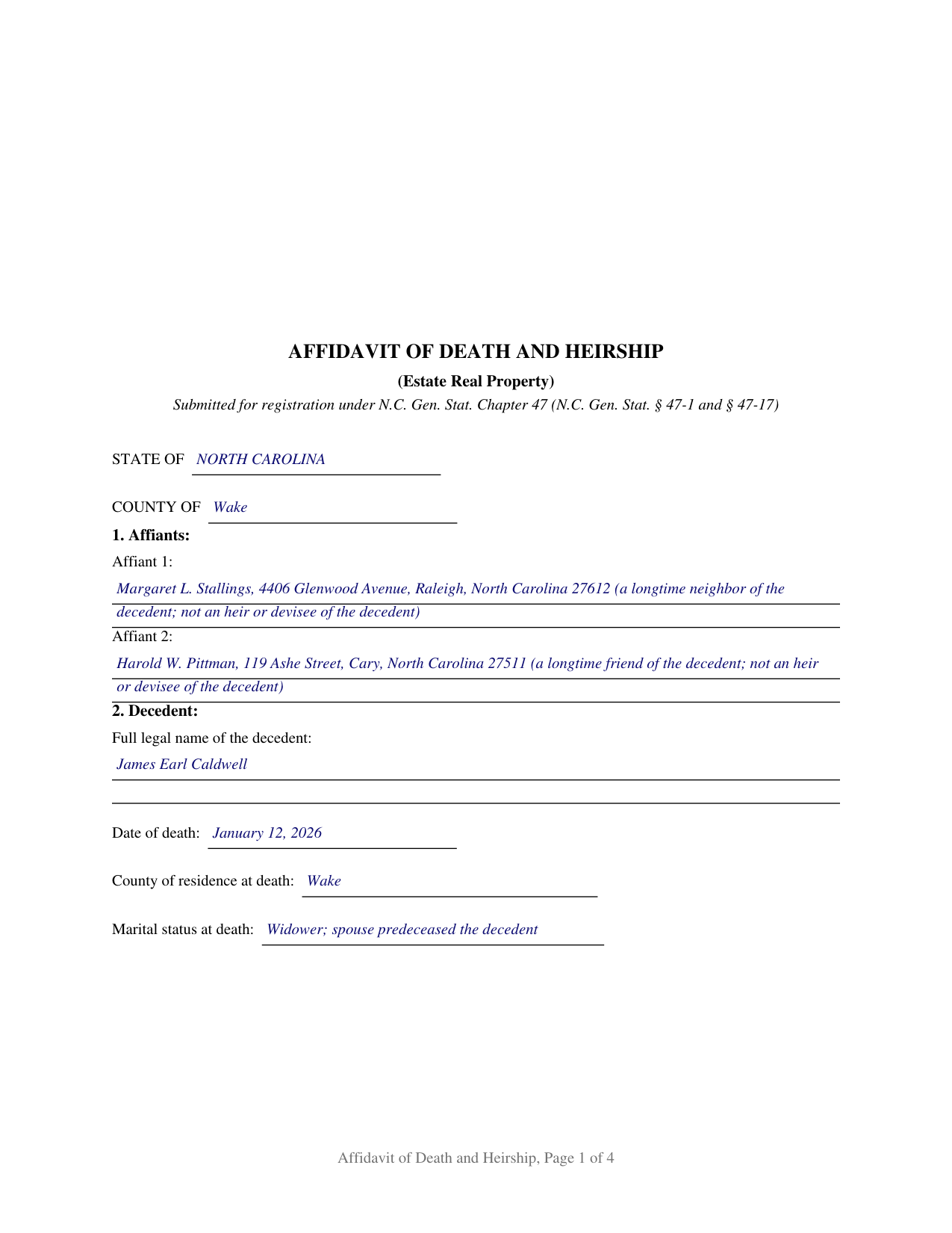 Haywood County Completed Example of the Affidavit of Death and Heirship (Estate Real Property) Document
