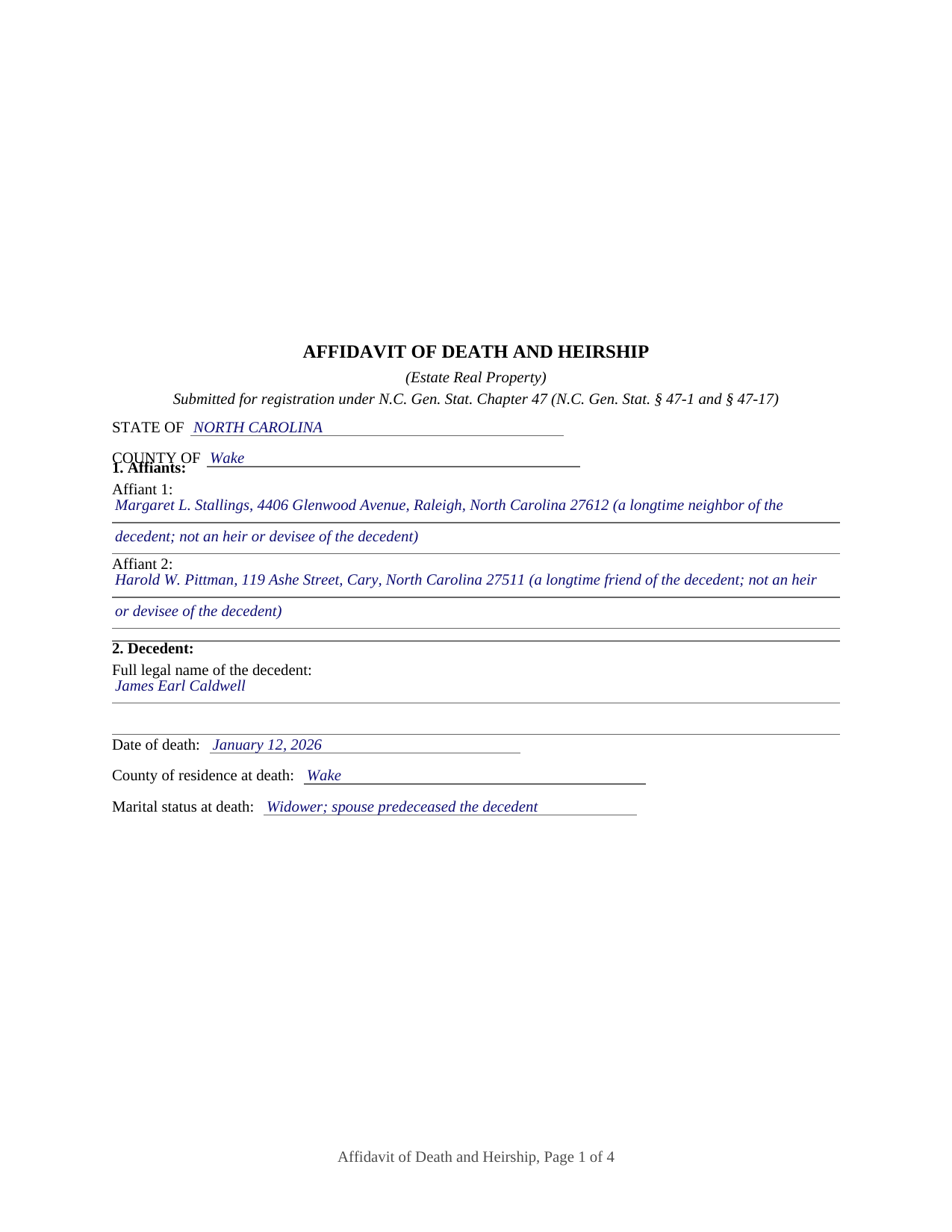 Rutherford County Completed Example of the Affidavit of Death and Heirship (Estate Real Property) Document