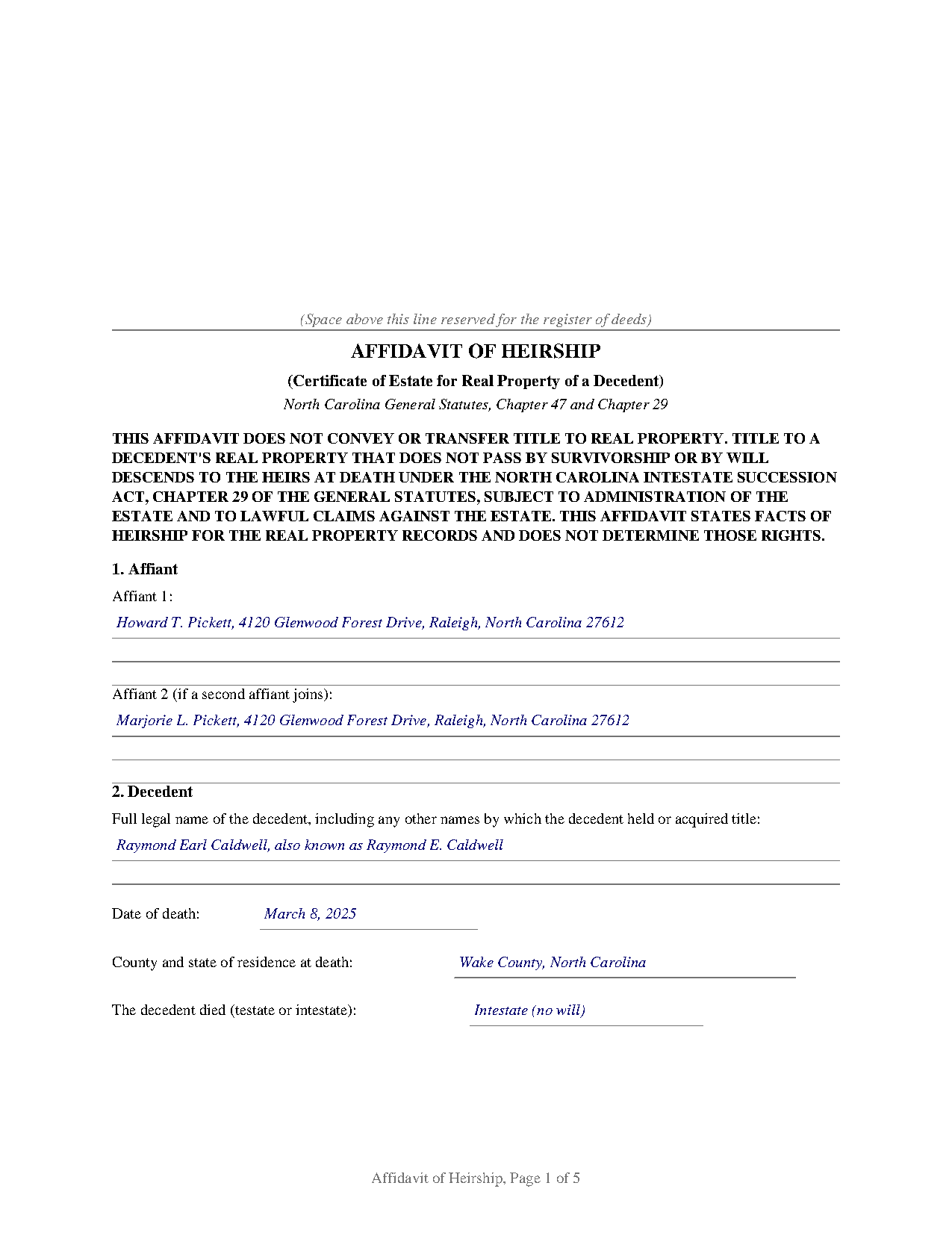 Sampson County Completed Example of the Affidavit of Heirship (Certificate of Estate) Document