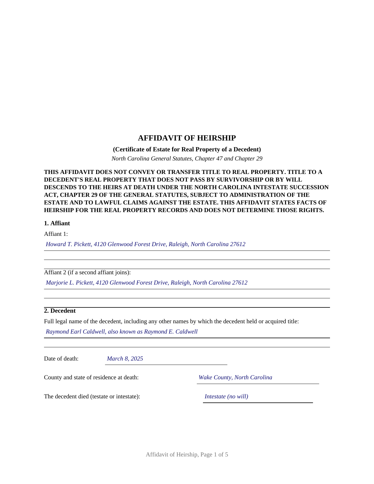 Haywood County Completed Example of the Affidavit of Heirship (Certificate of Estate) Document