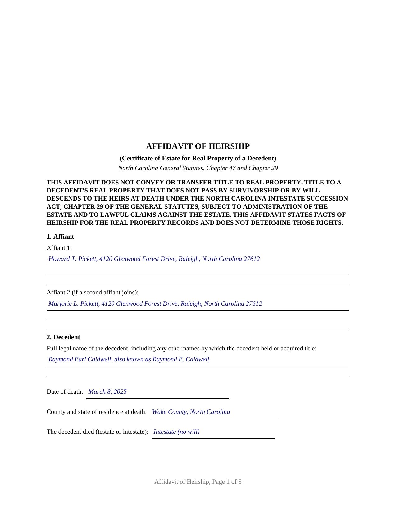 Rutherford County Completed Example of the Affidavit of Heirship (Certificate of Estate) Document