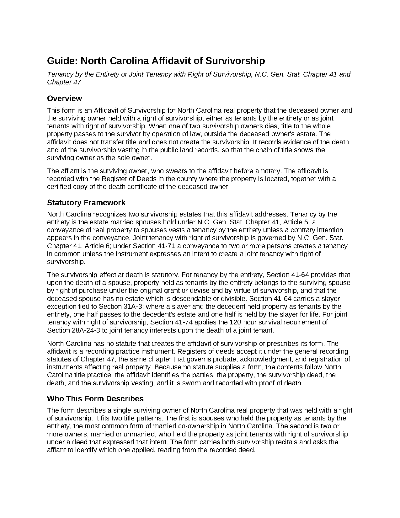 Sampson County Affidavit of Survivorship (Tenancy by the Entirety or Joint Tenancy with Right of Survivorship) Guide