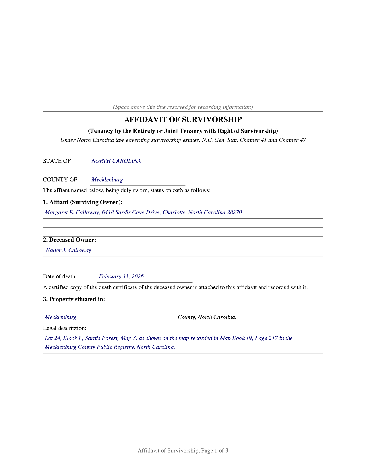Sampson County Completed Example of the Affidavit of Survivorship (Tenancy by the Entirety or Joint Tenancy with Right of Survivorship) Document